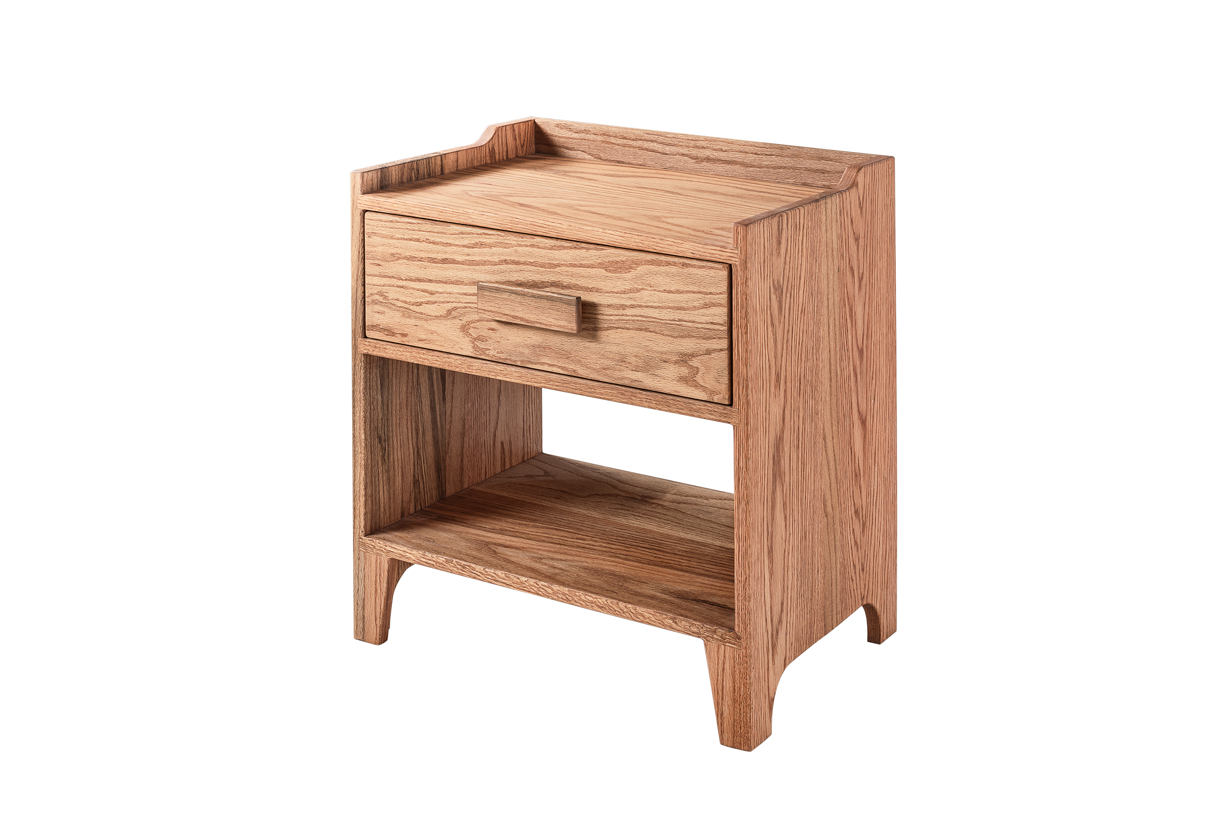 Oak Wood Nightstand with Single Drawer and Shelf, Top Shield Detail