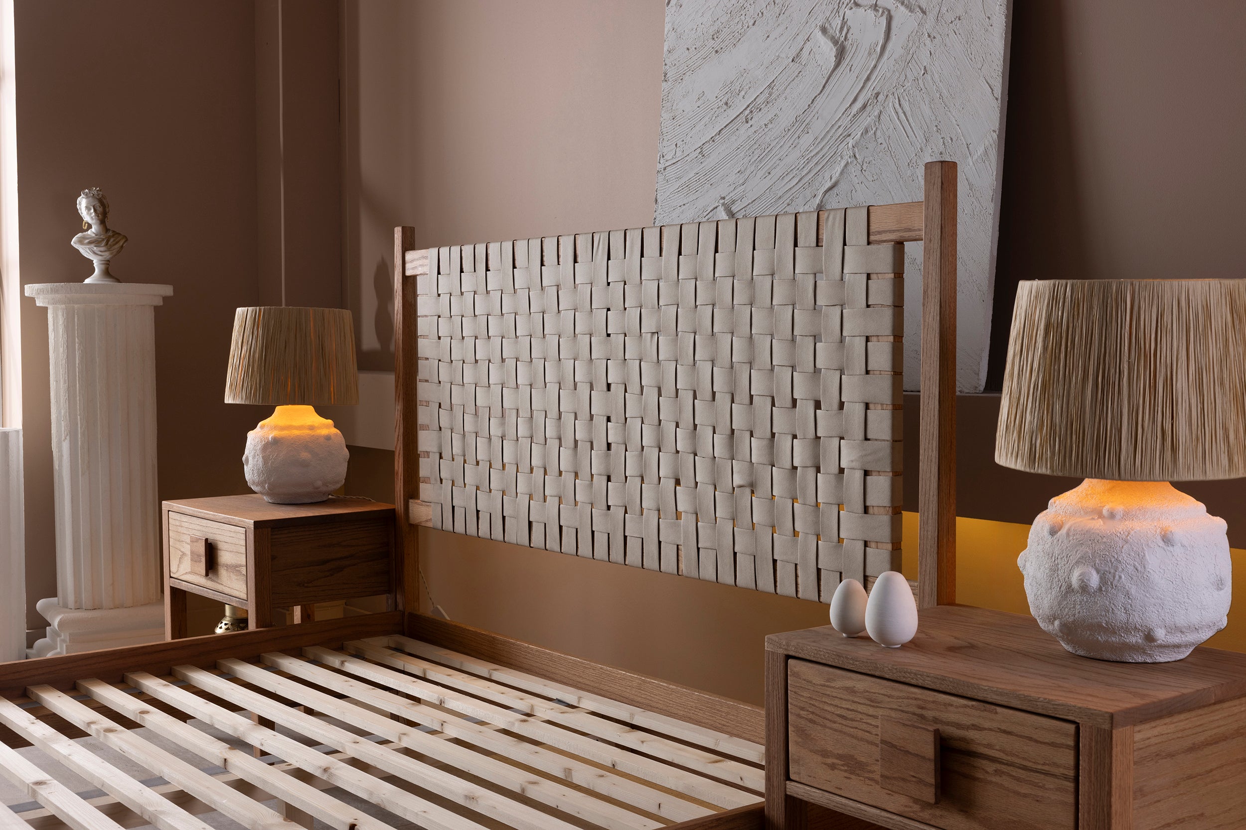 Wooden Bedstead and Braided Leather Headboard, Oak