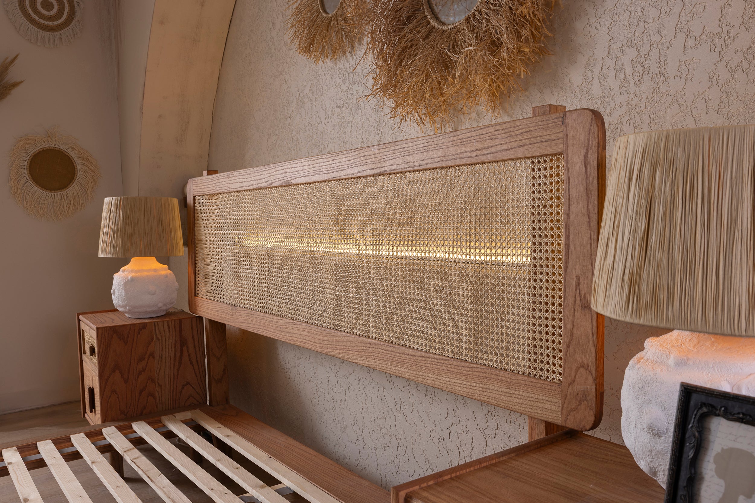 Wooden Bedstead and Hazeran Headboard, Oak