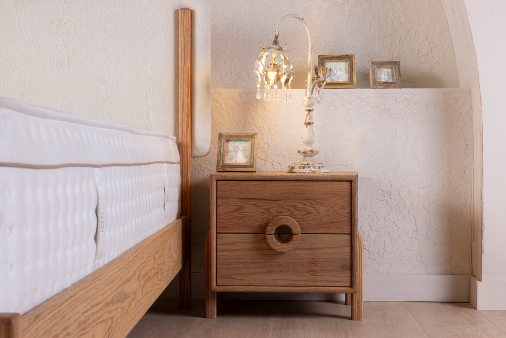 Oak Two-Drawer Nightstand with Round Handle Detail
