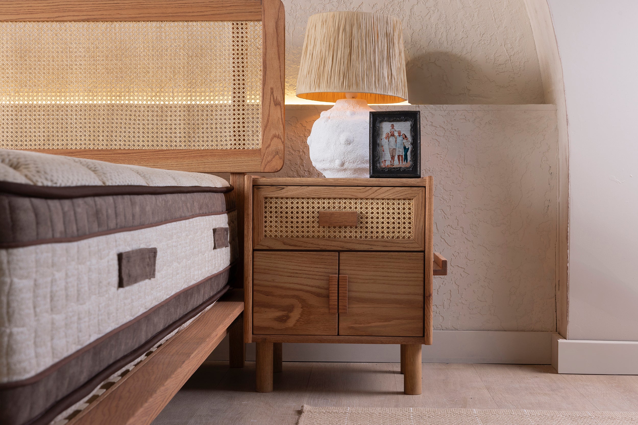 Oak Single Drawer and Cabinet Nightstand with Hazeran Cover Detail