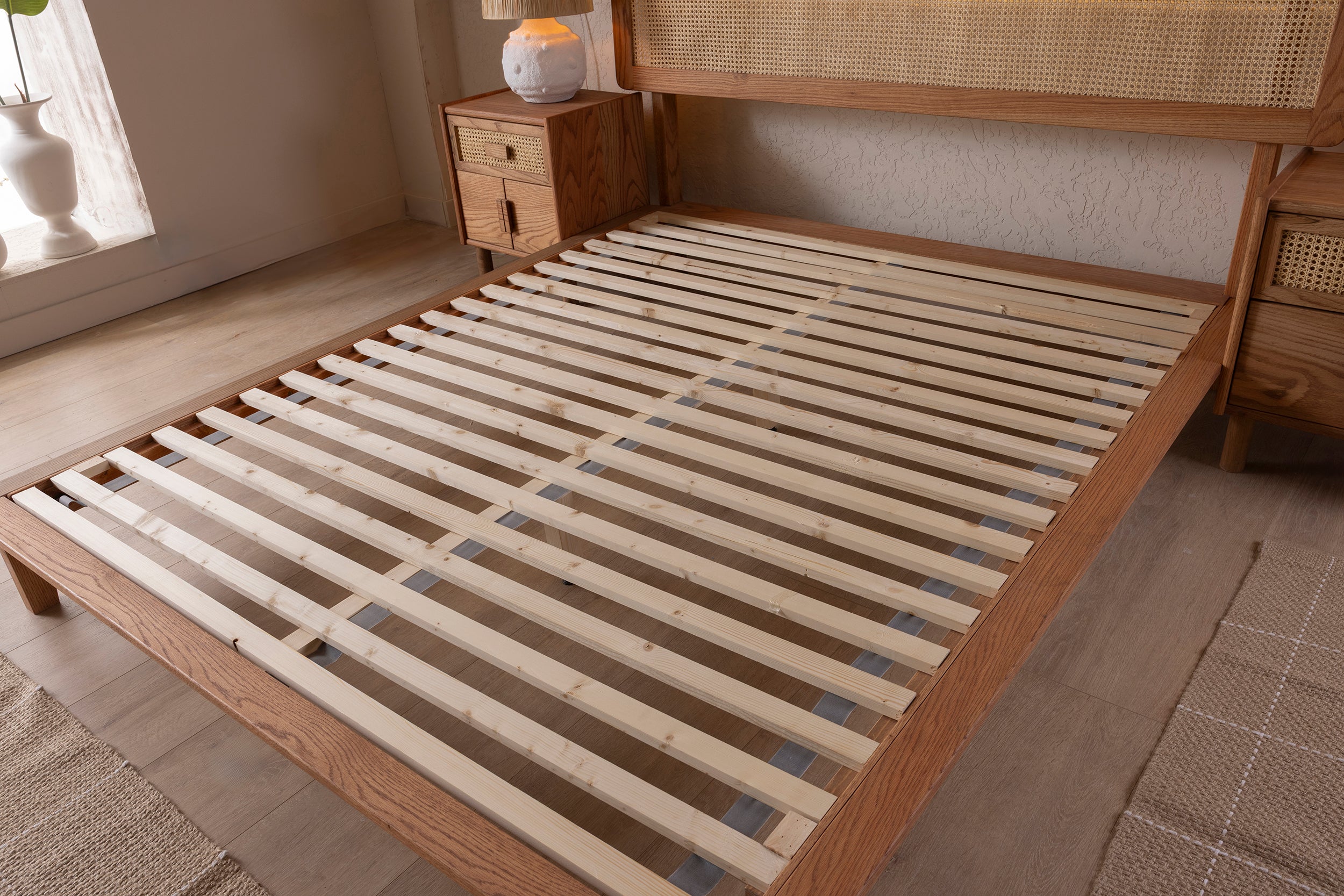 Wooden Bedstead and Hazeran Headboard, Oak