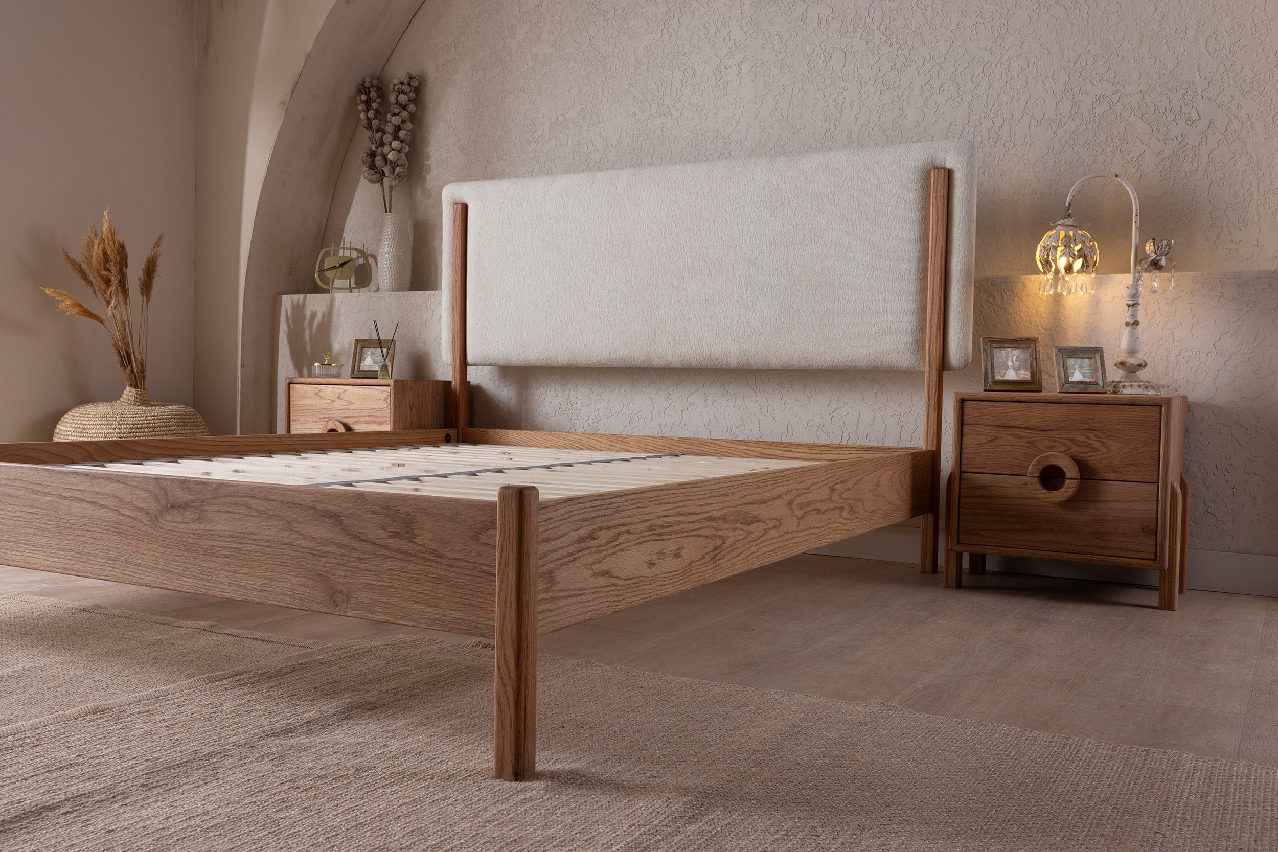 Wooden Bedstead and Fabric Headboard, Oak