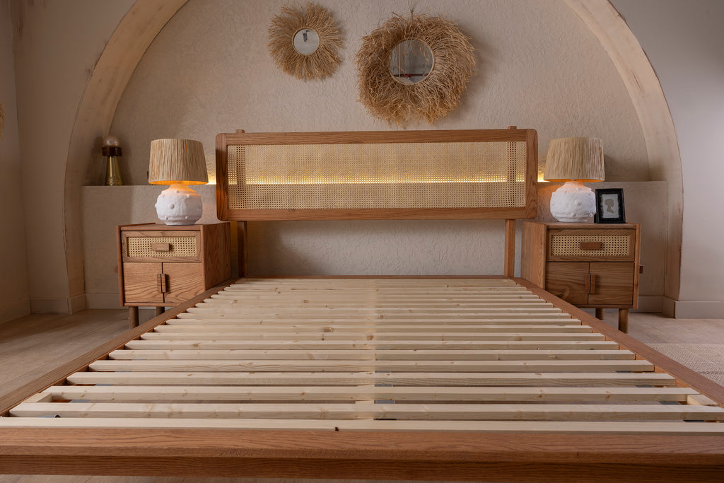 Wooden Bedstead and Hazeran Headboard, Oak