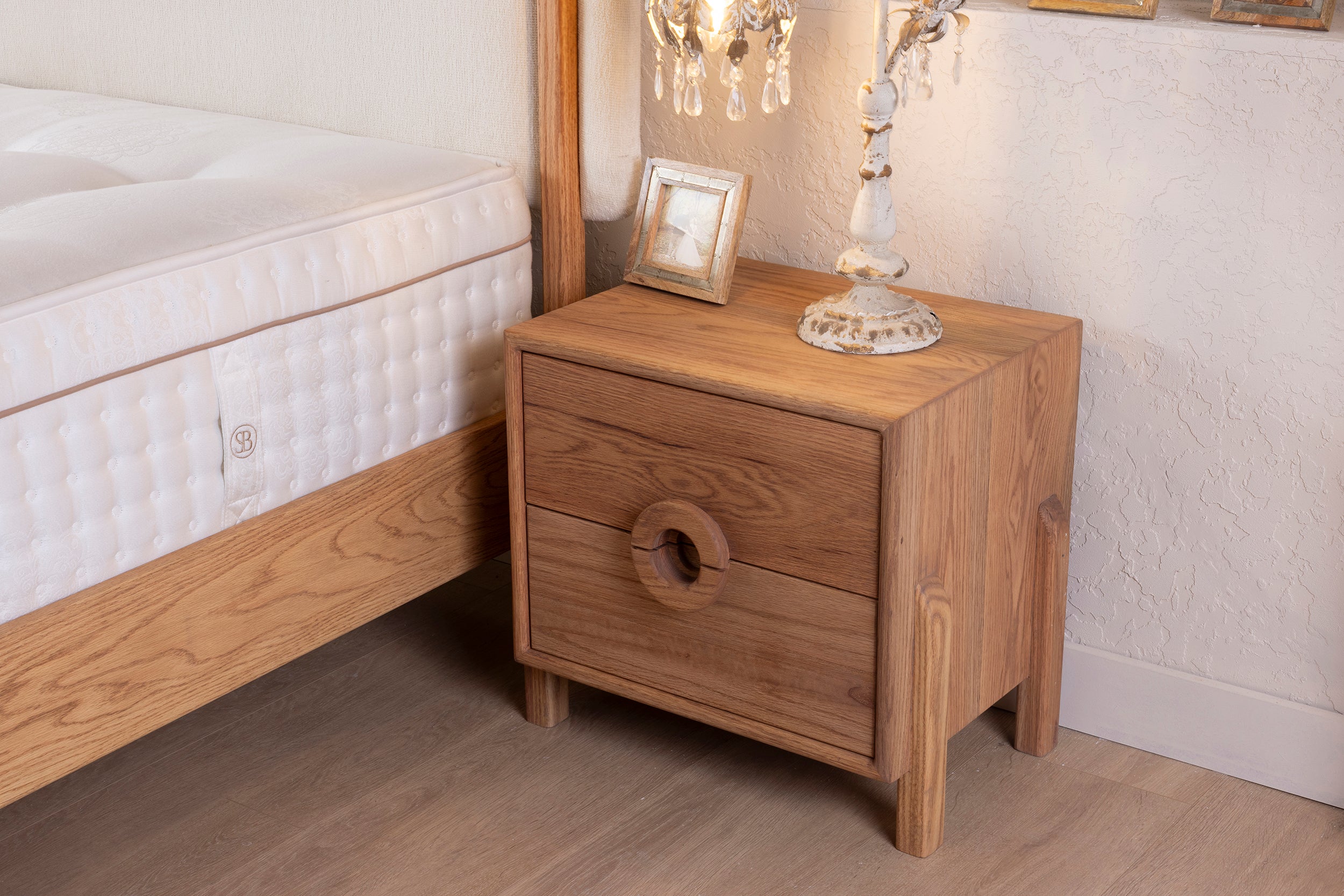 Oak Two-Drawer Nightstand with Round Handle Detail