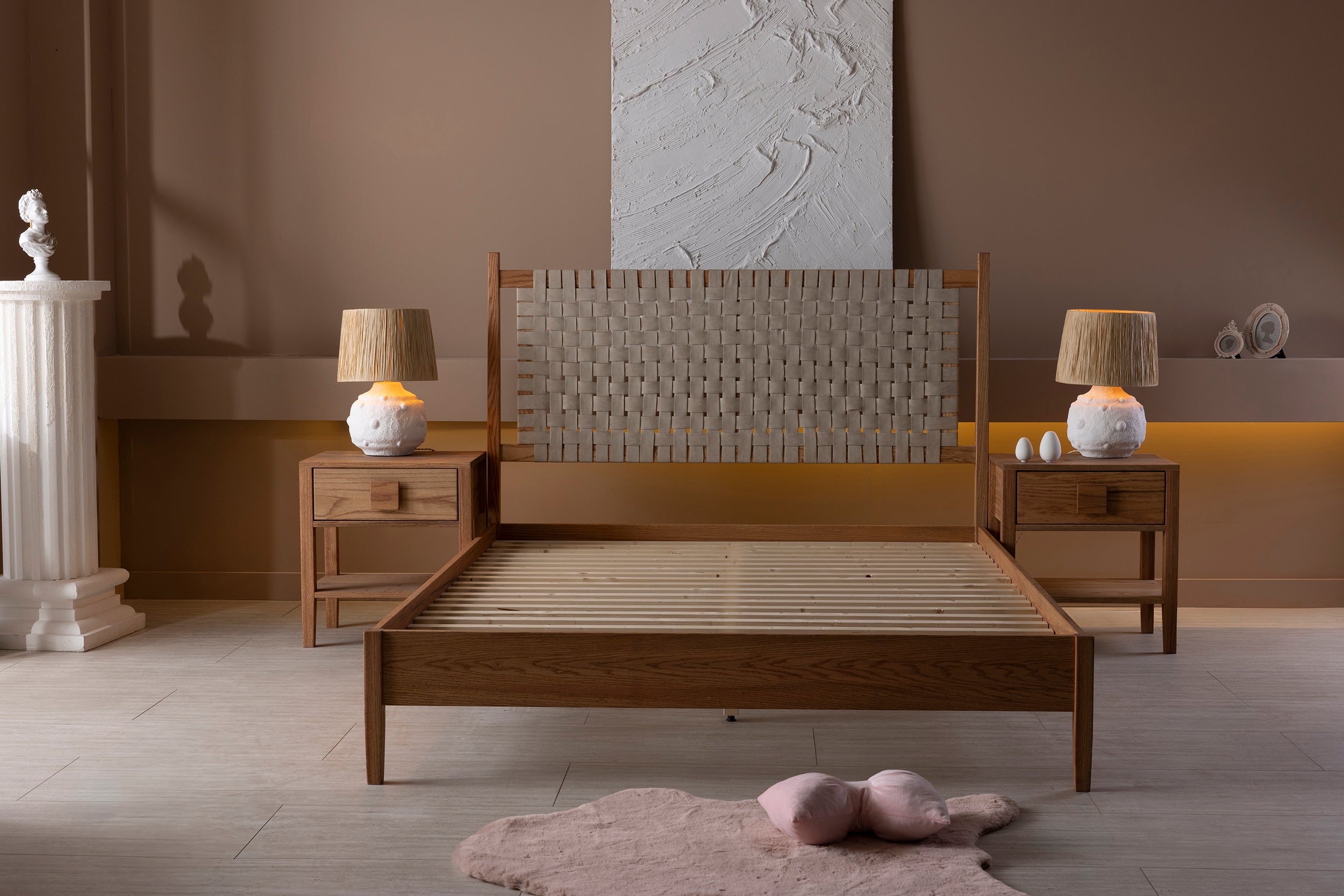 Wooden Bedstead and Braided Leather Headboard, Oak