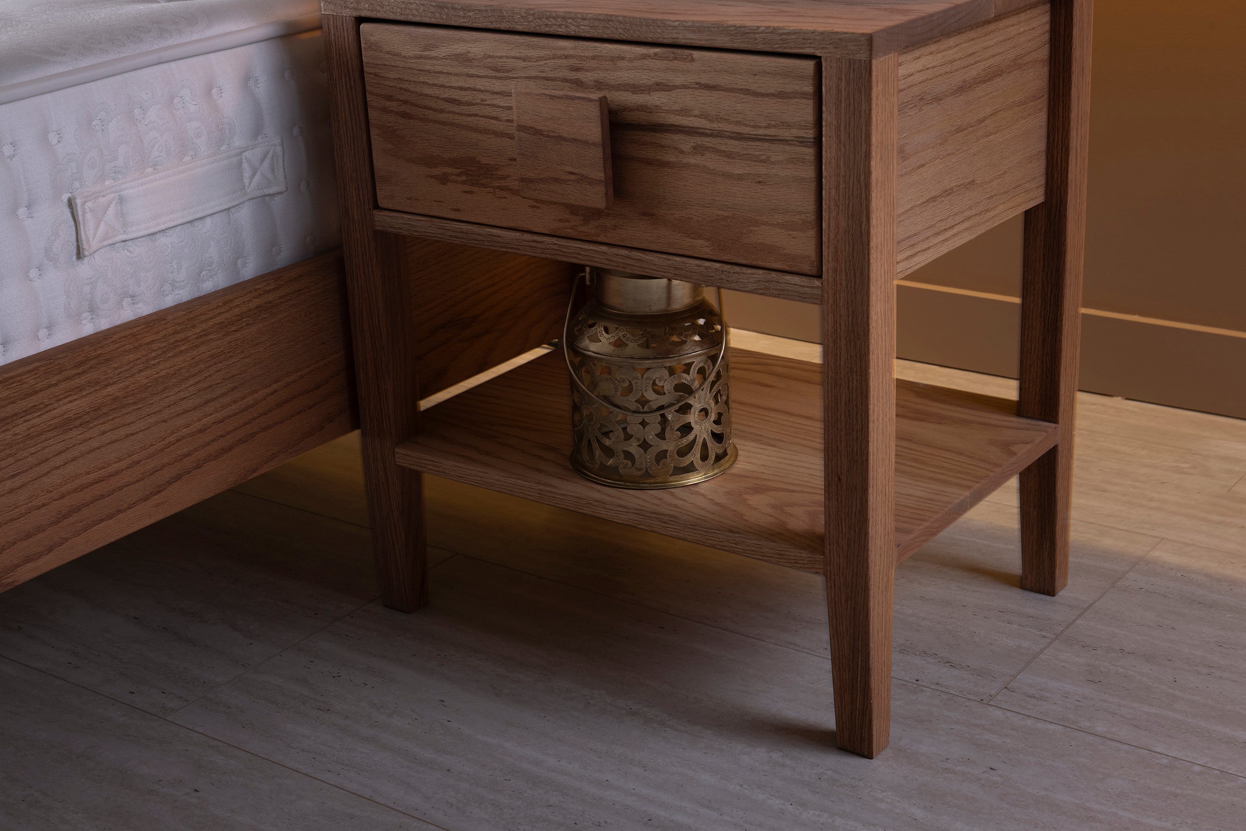 Oak Single Drawer and Shelf Nightstand with Square Handle Detail
