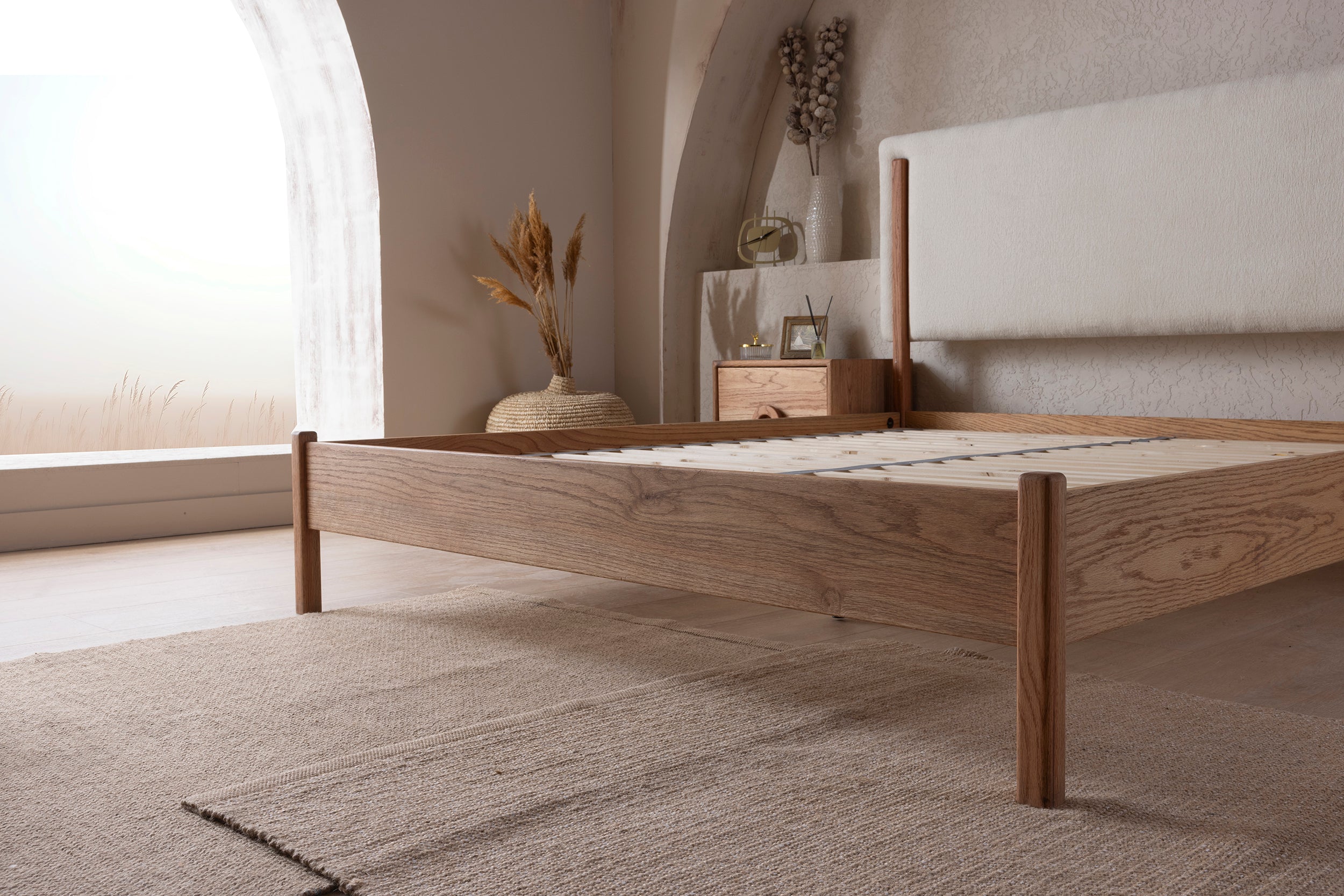 Wooden Bedstead and Fabric Headboard, Oak