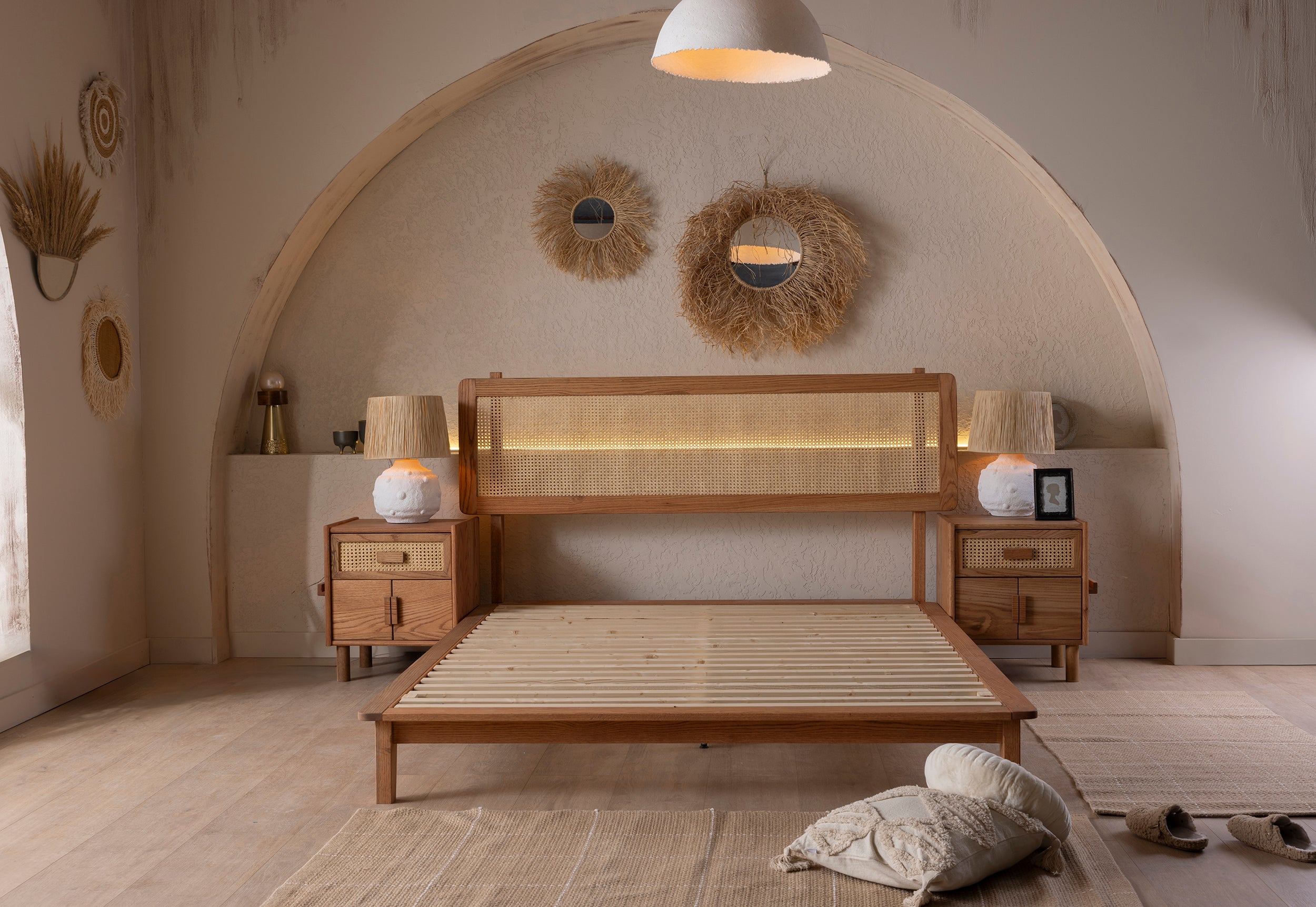Wooden Bedstead and Hazeran Headboard, Oak