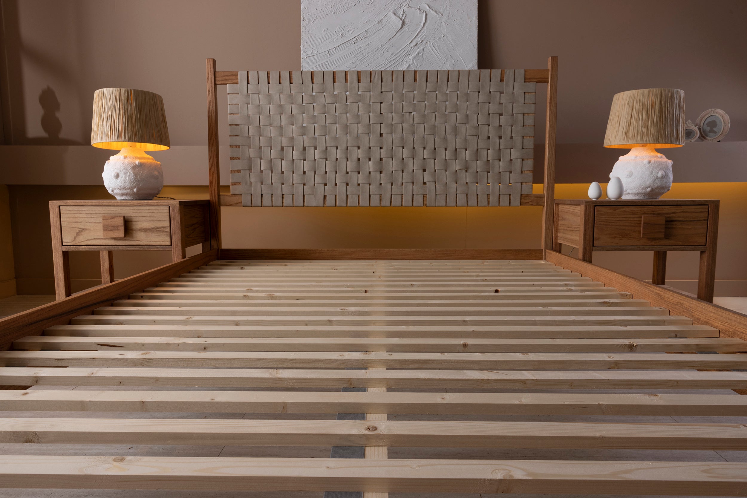 Wooden Bedstead and Braided Leather Headboard, Oak