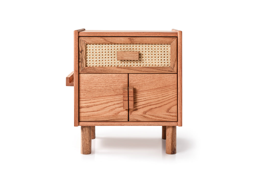 Oak Single Drawer and Cabinet Nightstand with Hazeran Cover Detail