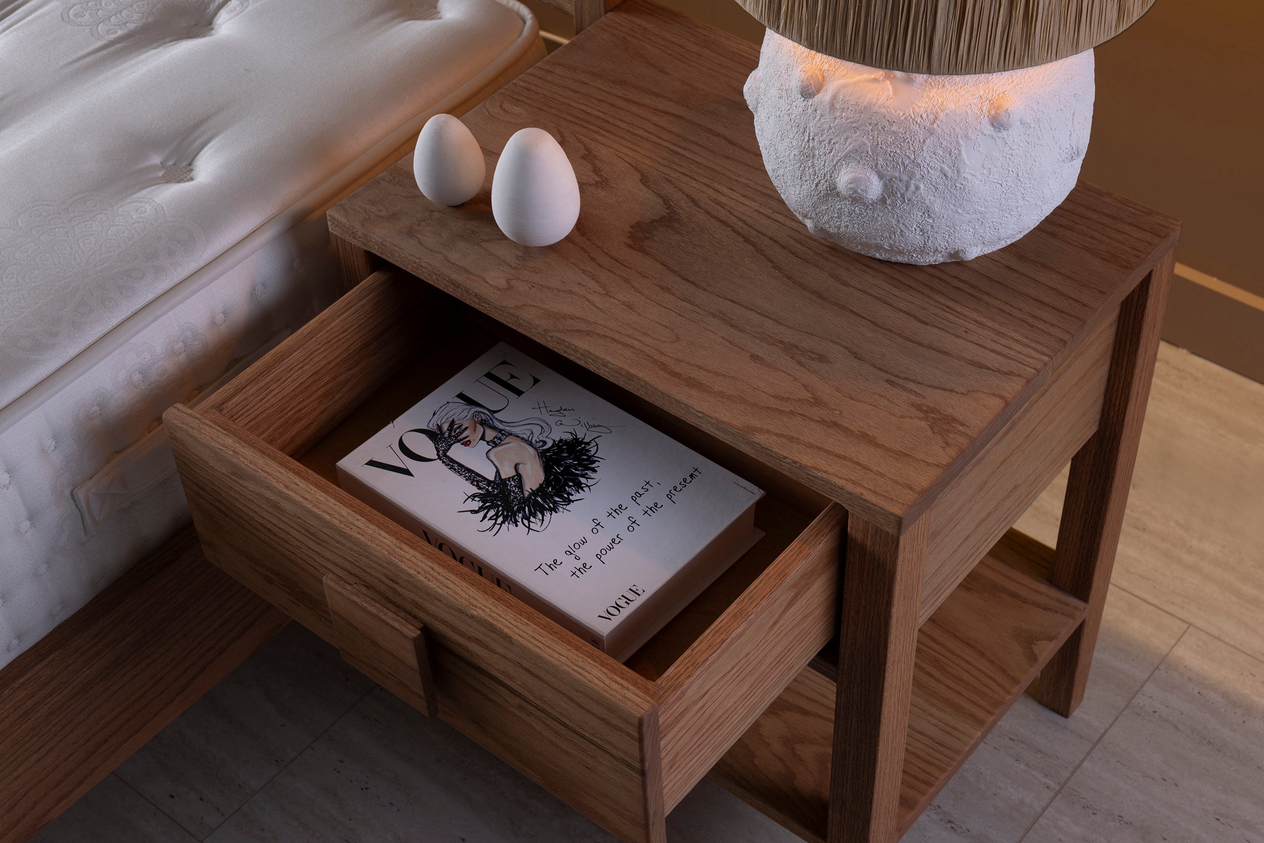 Oak Single Drawer and Shelf Nightstand with Square Handle Detail