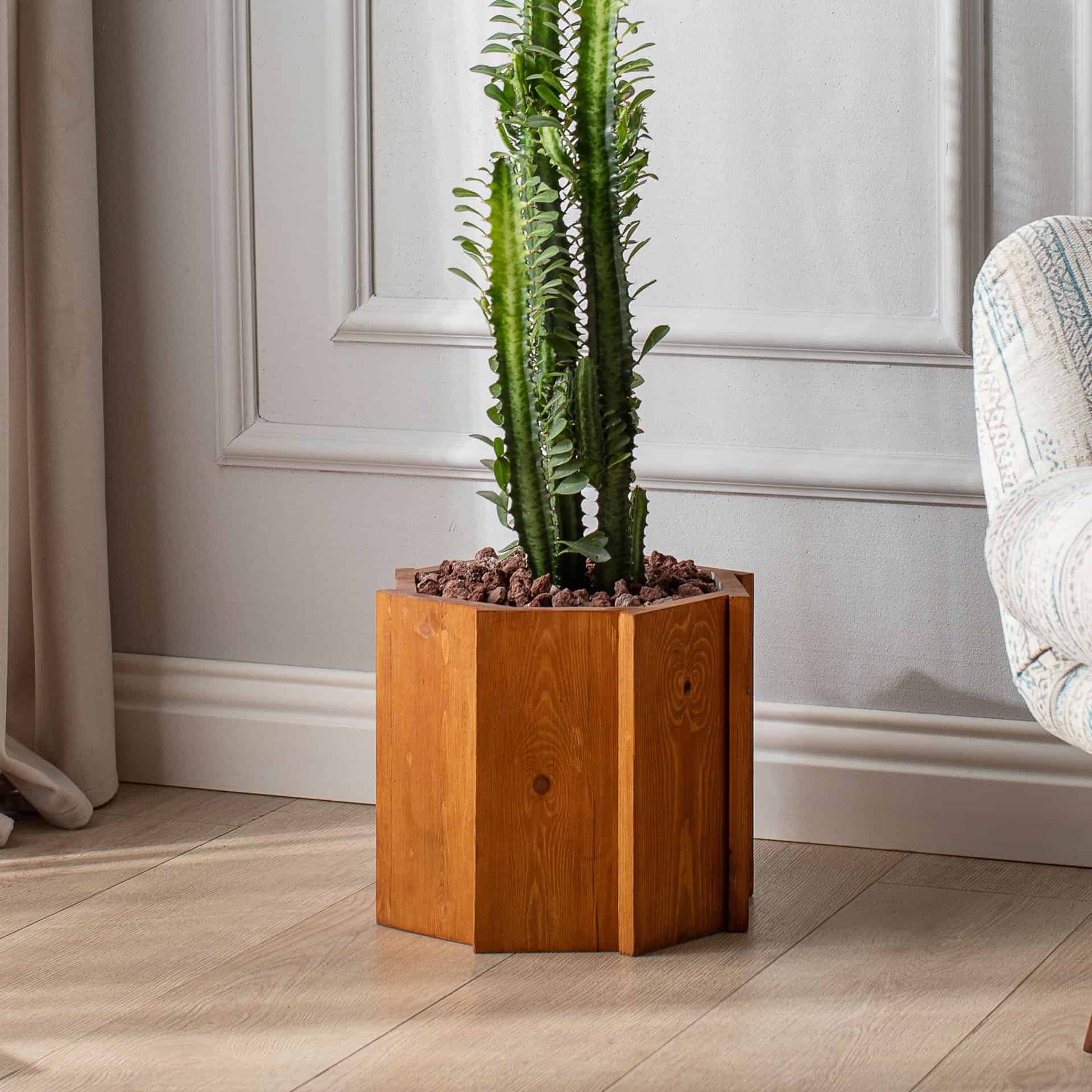 Handmade Wooden Large Octagonal Decorative Modern Quality Garden Balcony Flower Pot - Light Brown