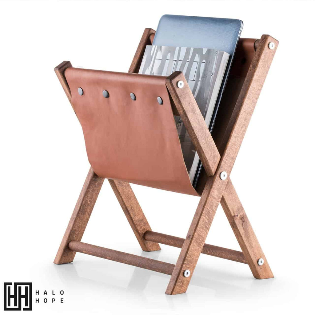 Hexo Wooden Newspaper Rack, Brown Leather