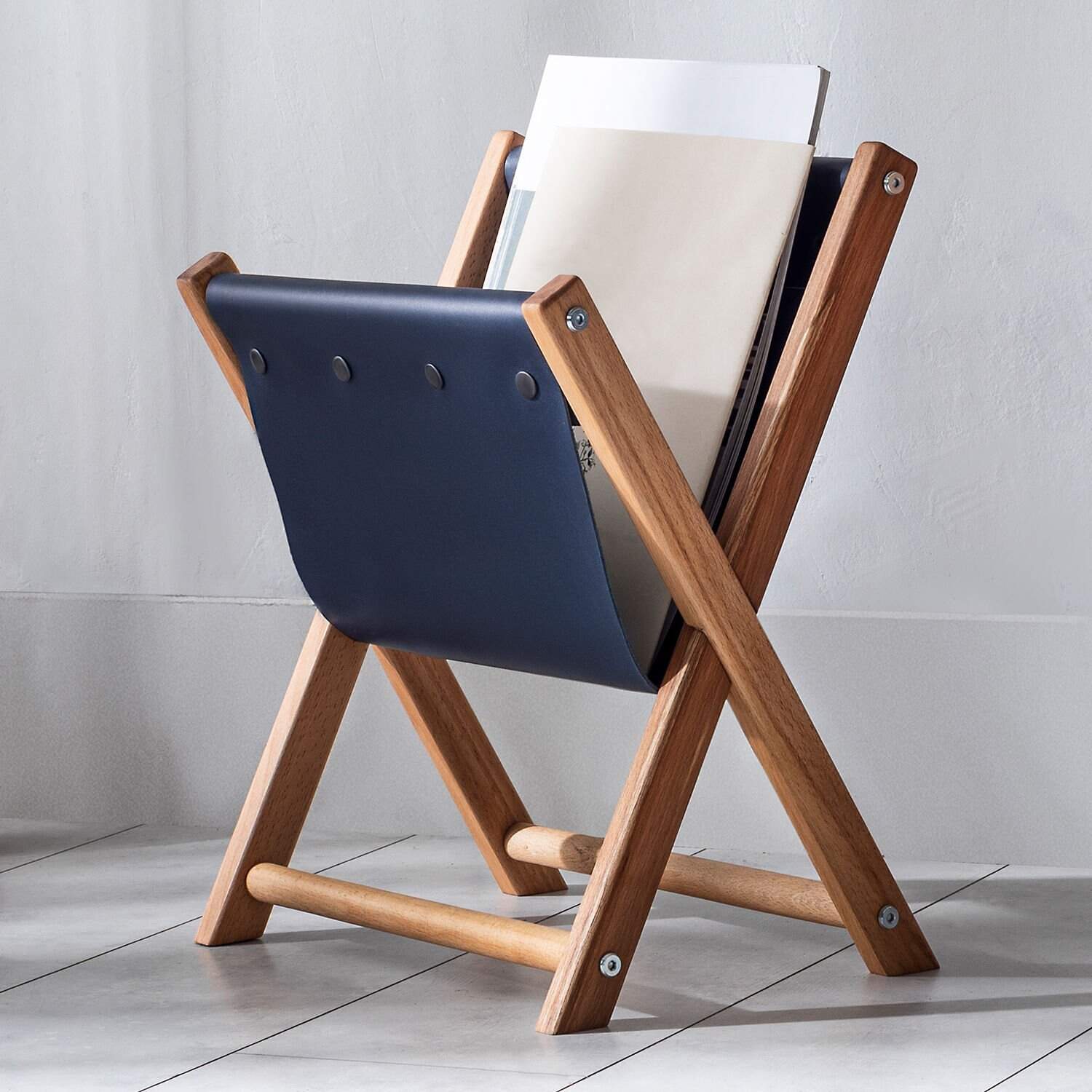 Handmade Wooden and Navy Blue Leather Magazine Holder - Stylish and Multi-Purpose Newspaper Holder