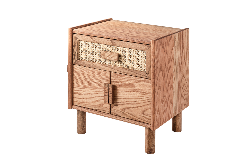 Oak Single Drawer and Cabinet Nightstand with Hazeran Cover Detail