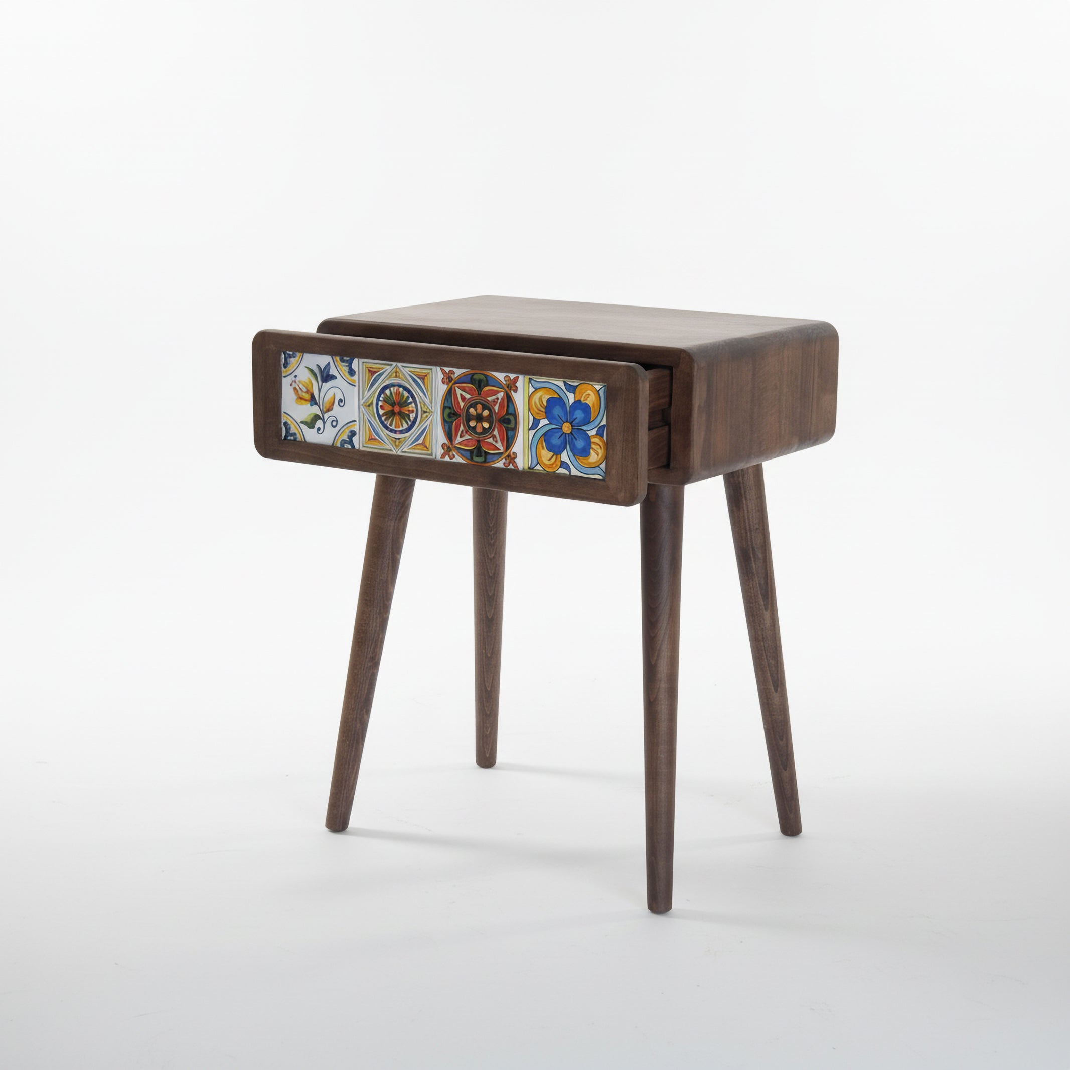 Mexican Tile Single Drawer Nightstand, Natural Beech