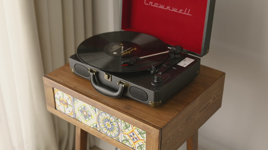 Handmade Pine Record Player Stand – Natural Wood Turntable Stand with Tiled Drawers and Leather Baskets