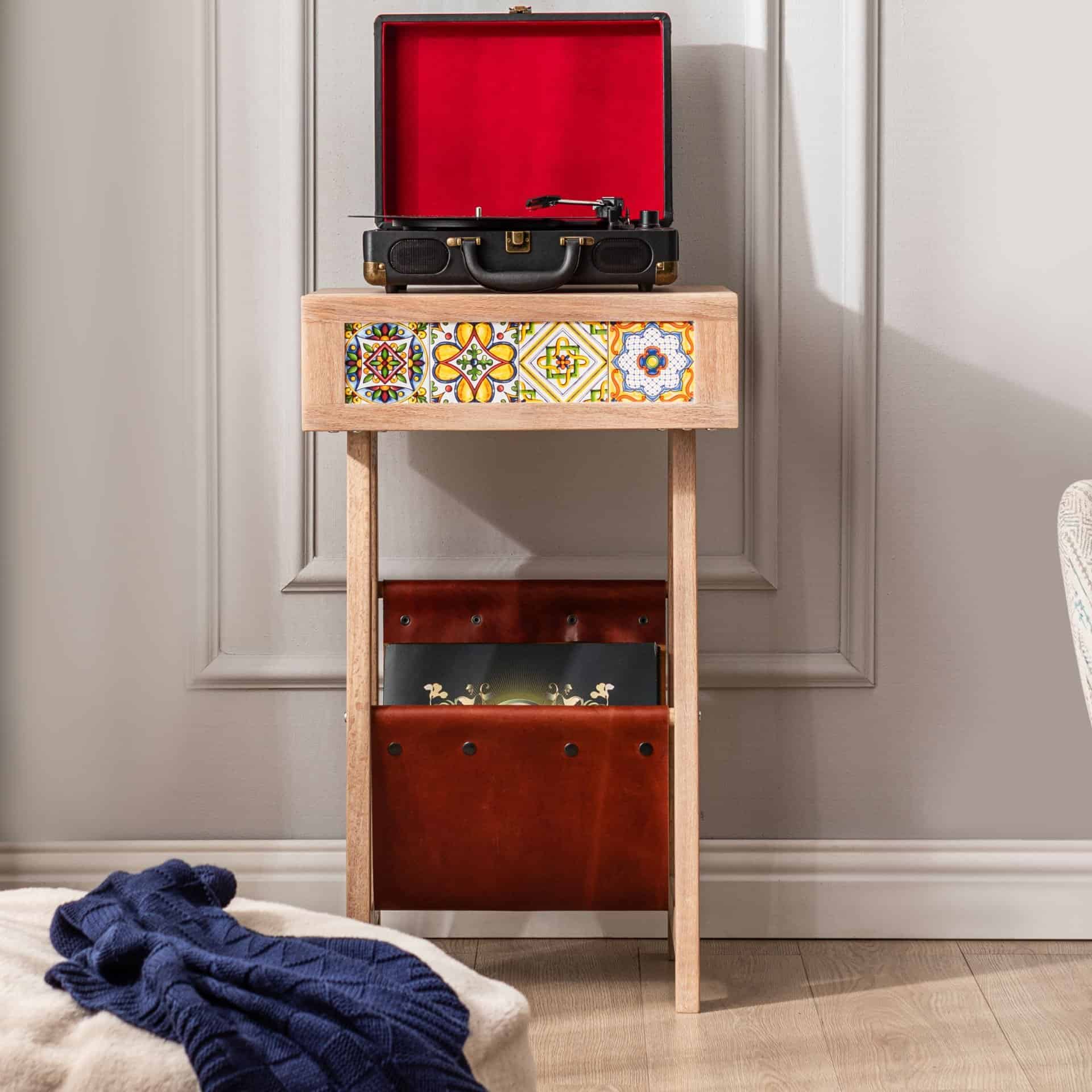Handmade Oak Record Player Stand – Natural Wood Turntable Stand with Tiled Drawers and Leather Baskets