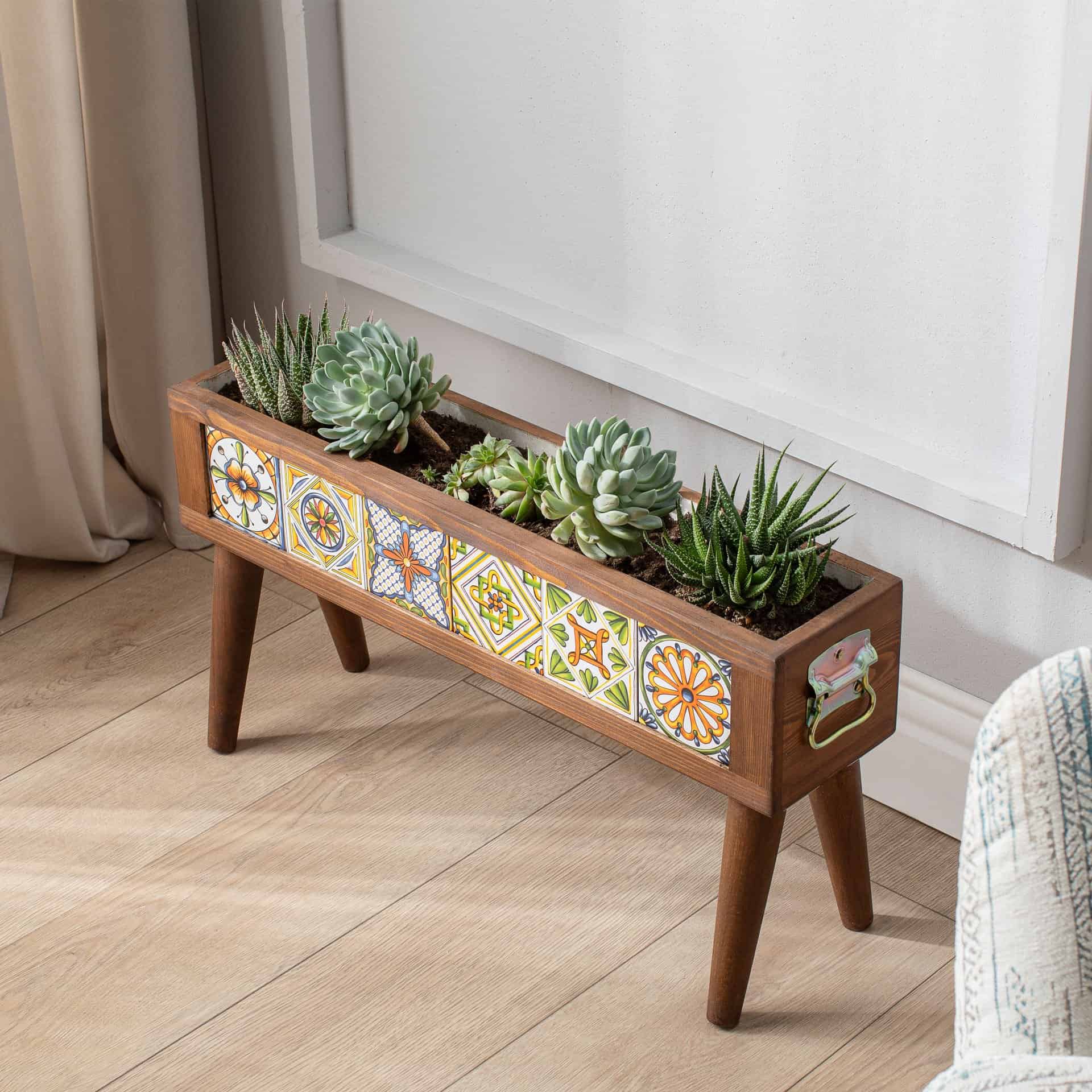Handmade Standing 6 Tile Decorative Modern Wooden Rectangular Garden Balcony Flowerpot Planter Holder