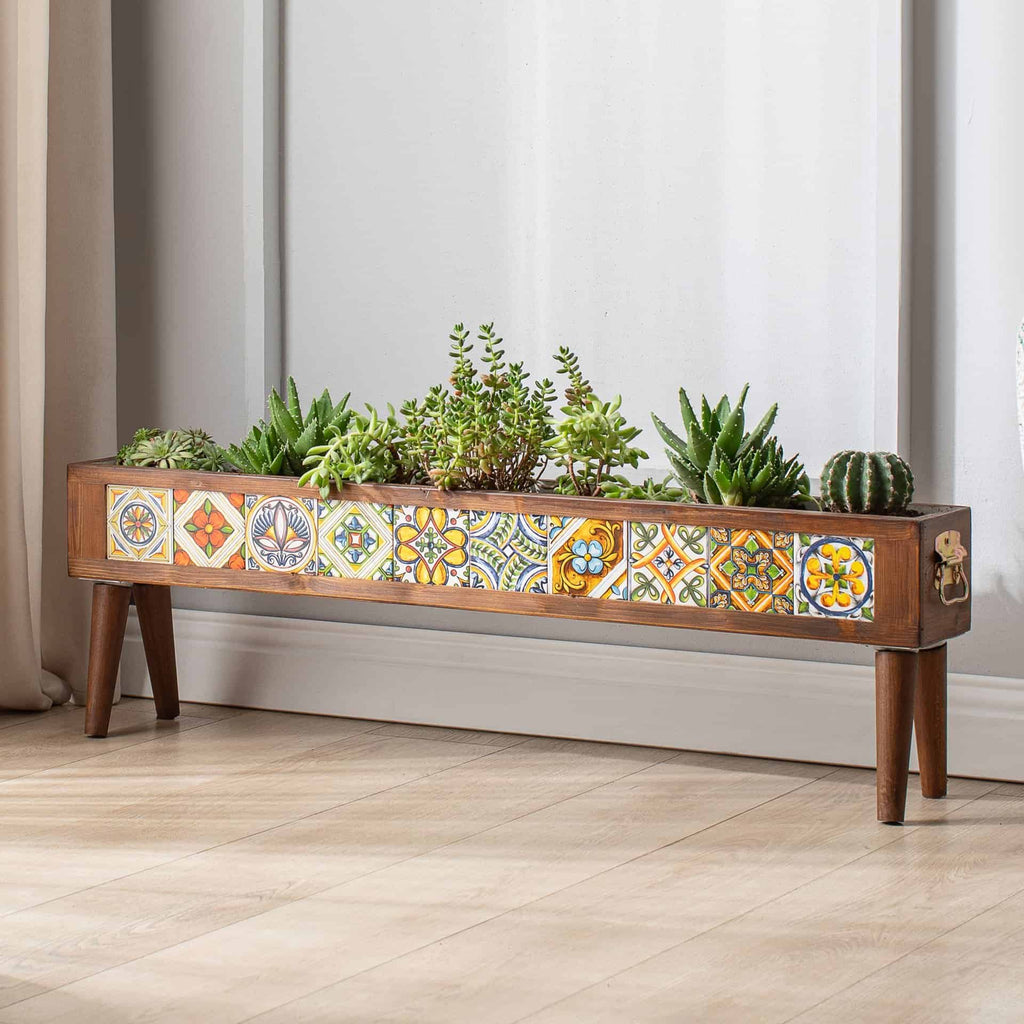 Handmade Standing 10 Tile Decorative Modern Wooden Rectangular Garden Balcony Flowerpot Planter Holder