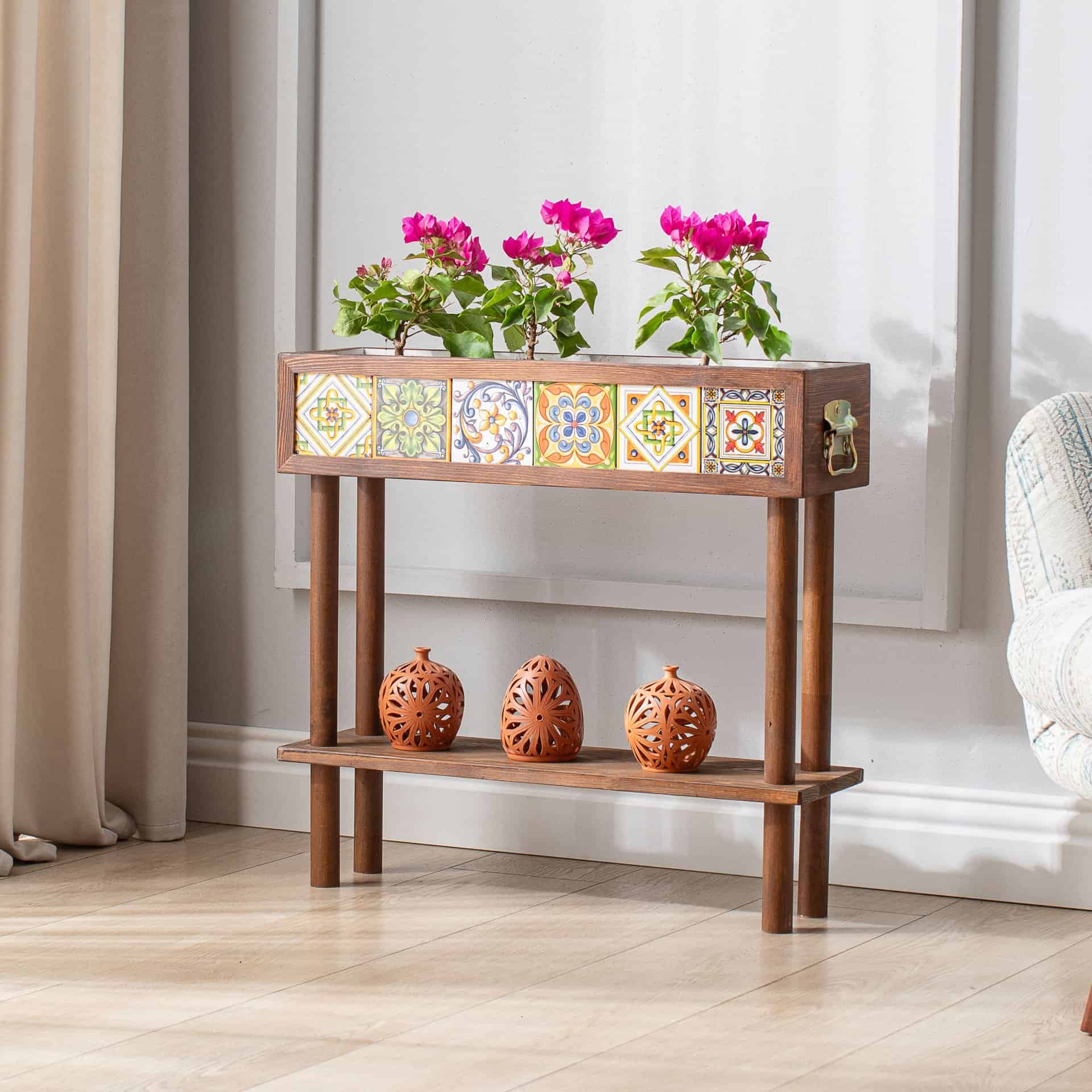 Handmade Flower Pot with Stand and Shelf, 6 Mexican Tiles, Decorative Modern Wooden Garden Balcony Flower Pot Holder