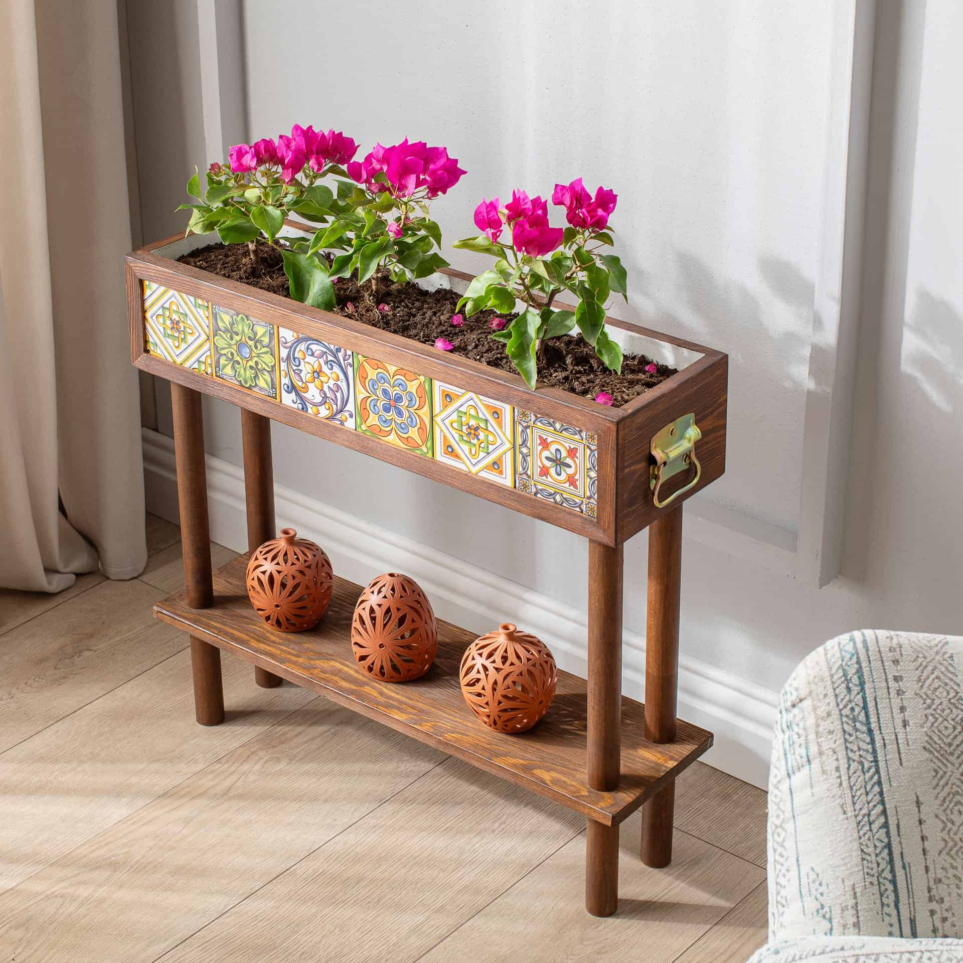 Handmade Flower Pot with Stand and Shelf, 6 Mexican Tiles, Decorative Modern Wooden Garden Balcony Flower Pot Holder