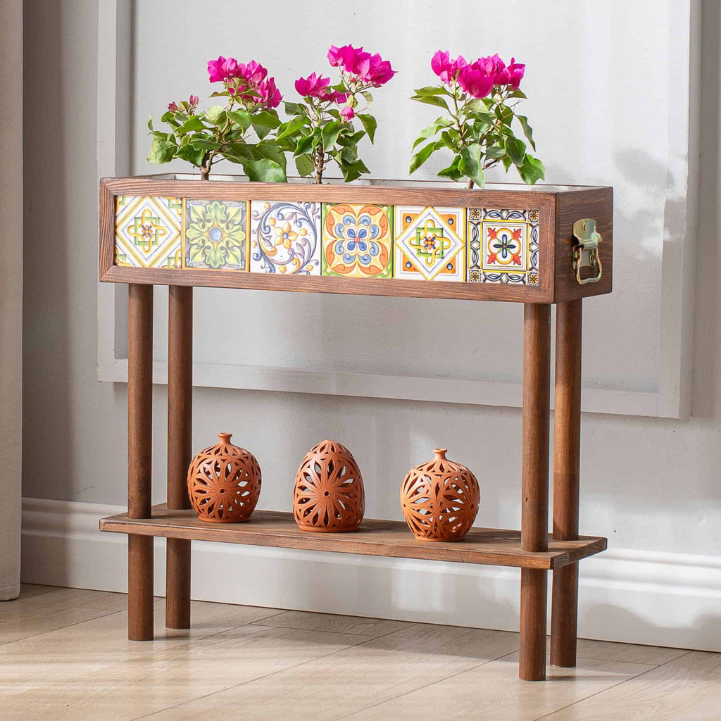 Handmade Flower Pot with Stand and Shelf, 6 Mexican Tiles, Decorative Modern Wooden Garden Balcony Flower Pot Holder