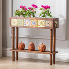 Handmade Flower Pot with Stand and Shelf, 6 Mexican Tiles, Decorative Modern Wooden Garden Balcony Flower Pot Holder