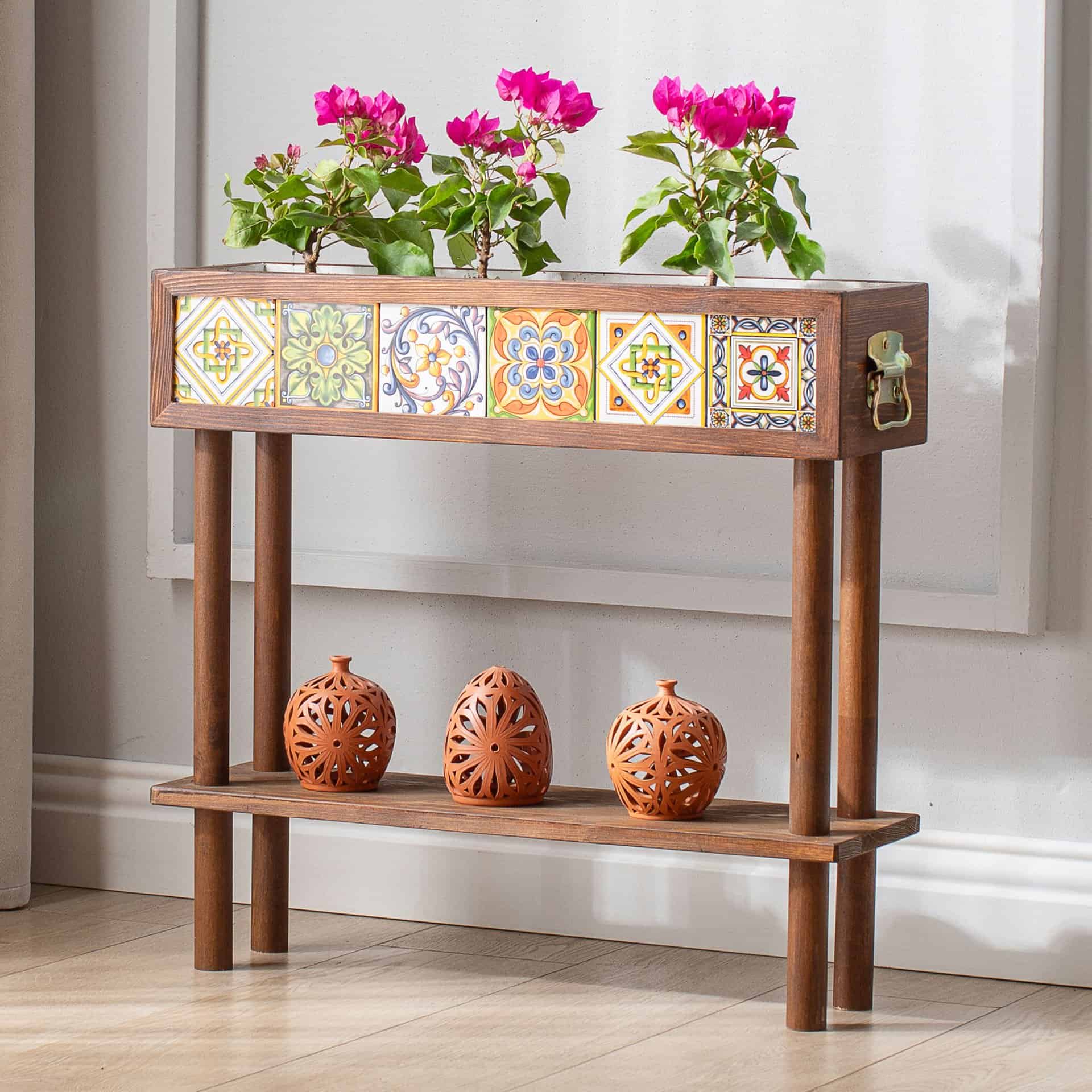 Handmade Flower Pot with Stand and Shelf, 6 Mexican Tiles, Decorative Modern Wooden Garden Balcony Flower Pot Holder