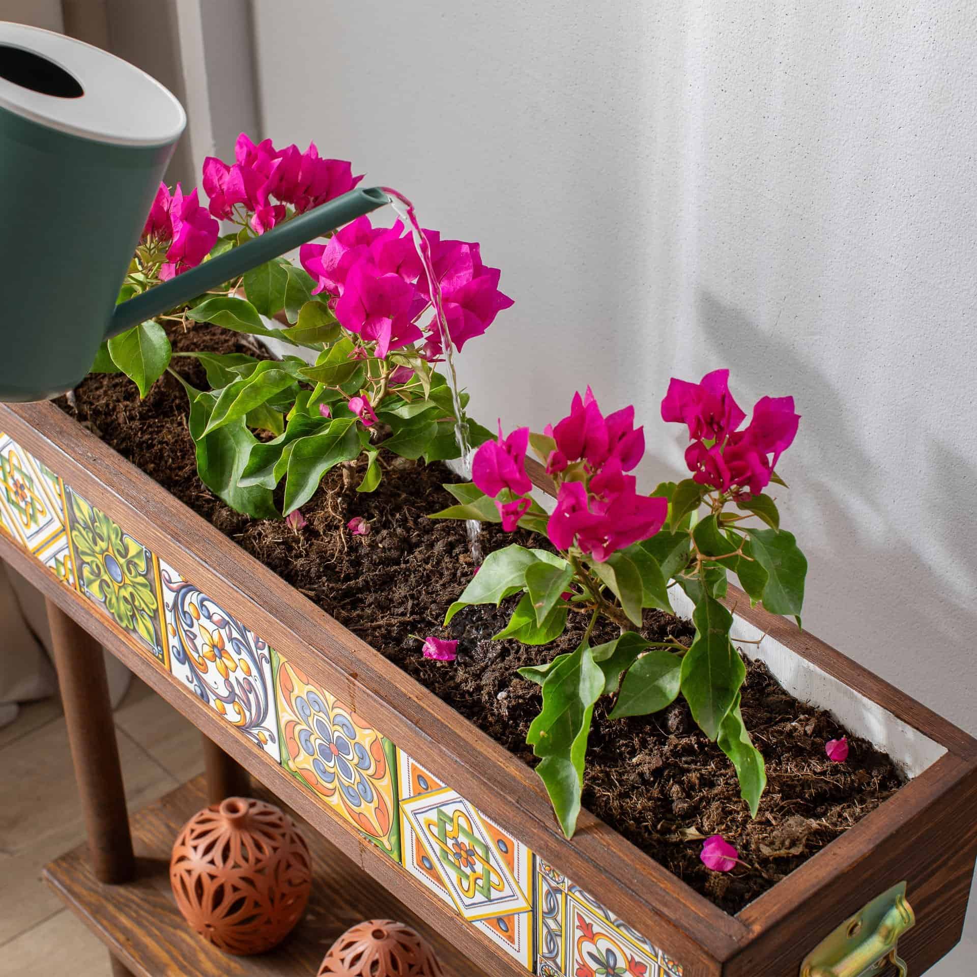 Handmade Flower Pot with Stand and Shelf, 6 Mexican Tiles, Decorative Modern Wooden Garden Balcony Flower Pot Holder