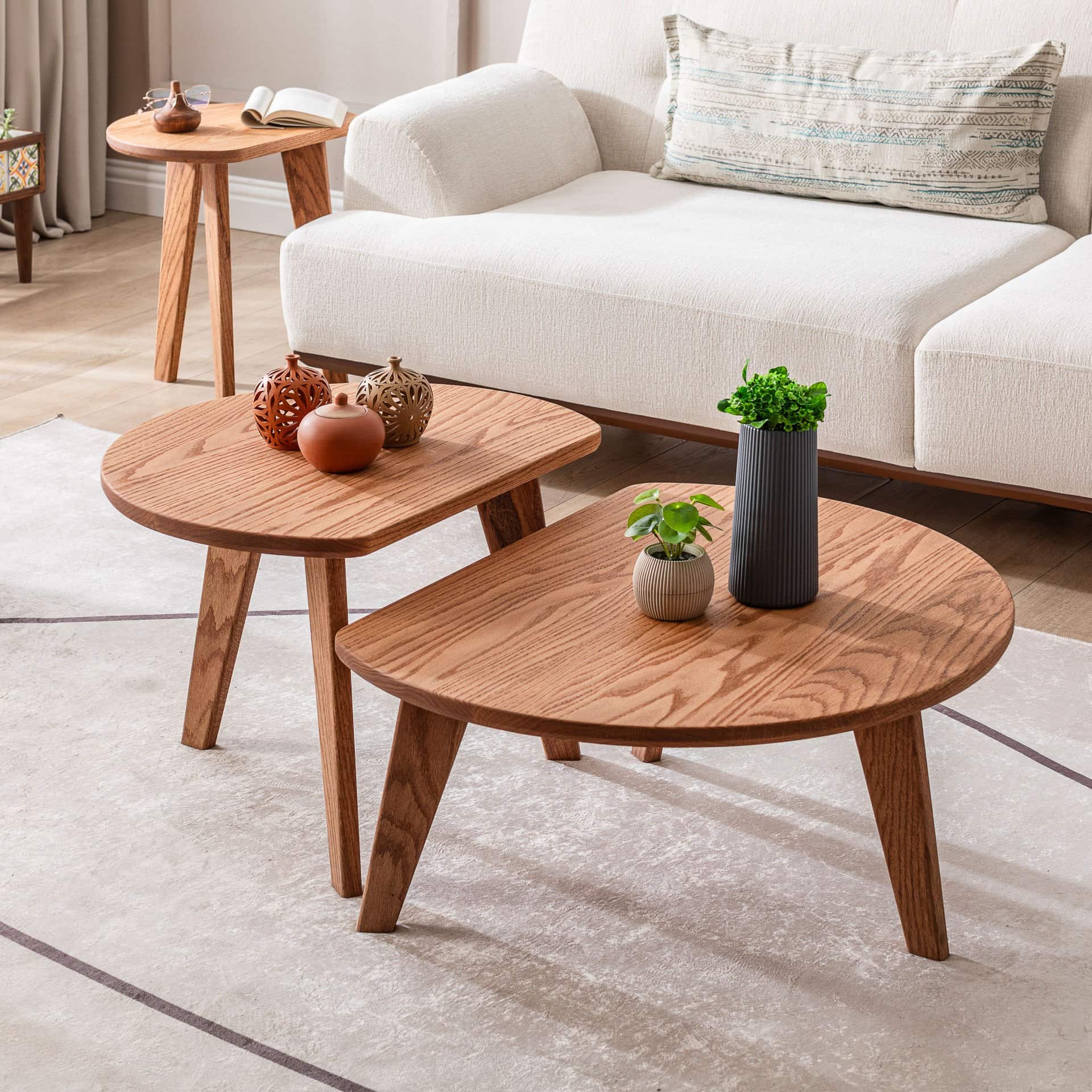 Handmade Oak Nesting Center Table Decorative Round Seat Service Tea Room Living Room Coffee Table - Oak 