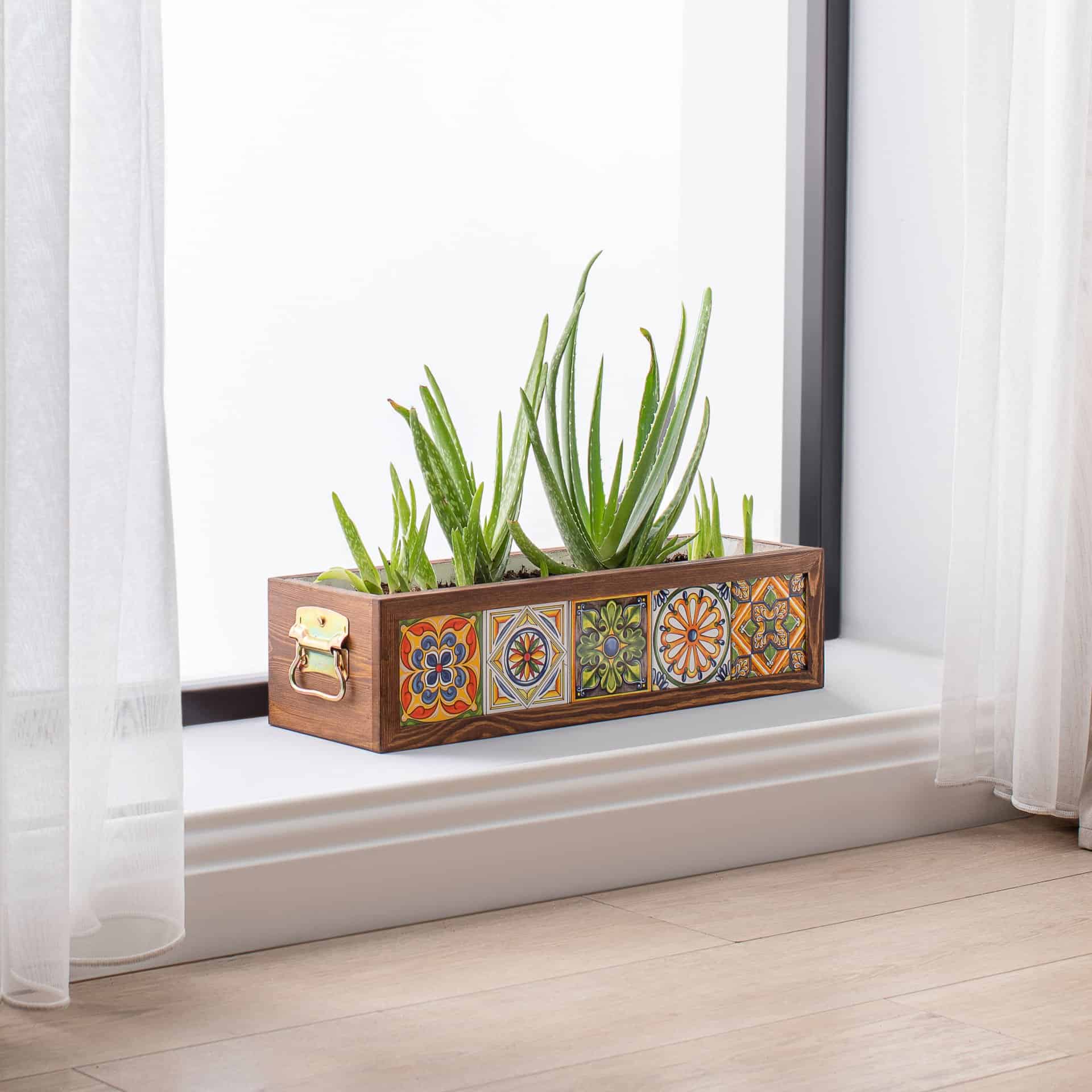 5 Handmade Mexican Tile Wooden Flower Pots