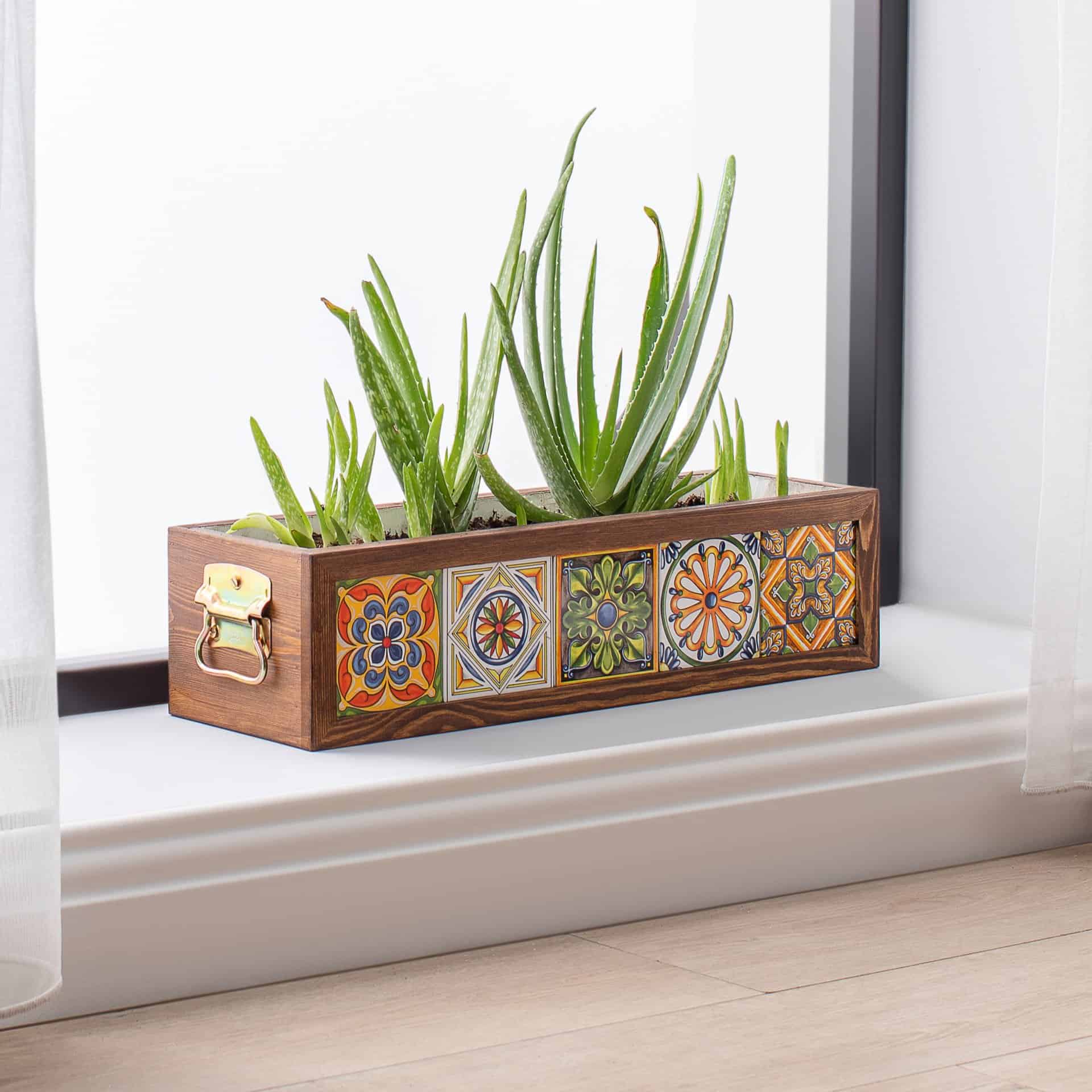 5 Handmade Mexican Tile Wooden Flower Pots