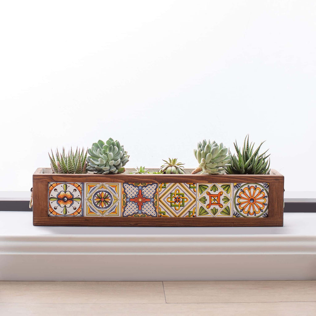 Handmade 6 Mexican Tile Decorative Modern Wooden Rectangular Quality Garden Balcony Flower Pot Planter