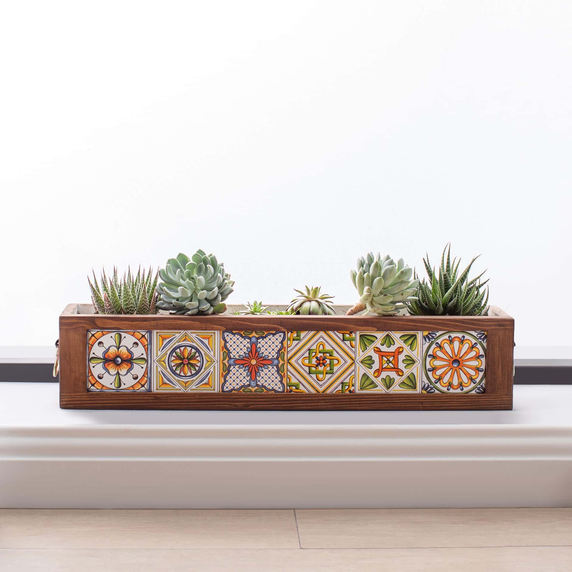 Handmade 6 Mexican Tile Decorative Modern Wooden Rectangular Quality Garden Balcony Flower Pot Planter