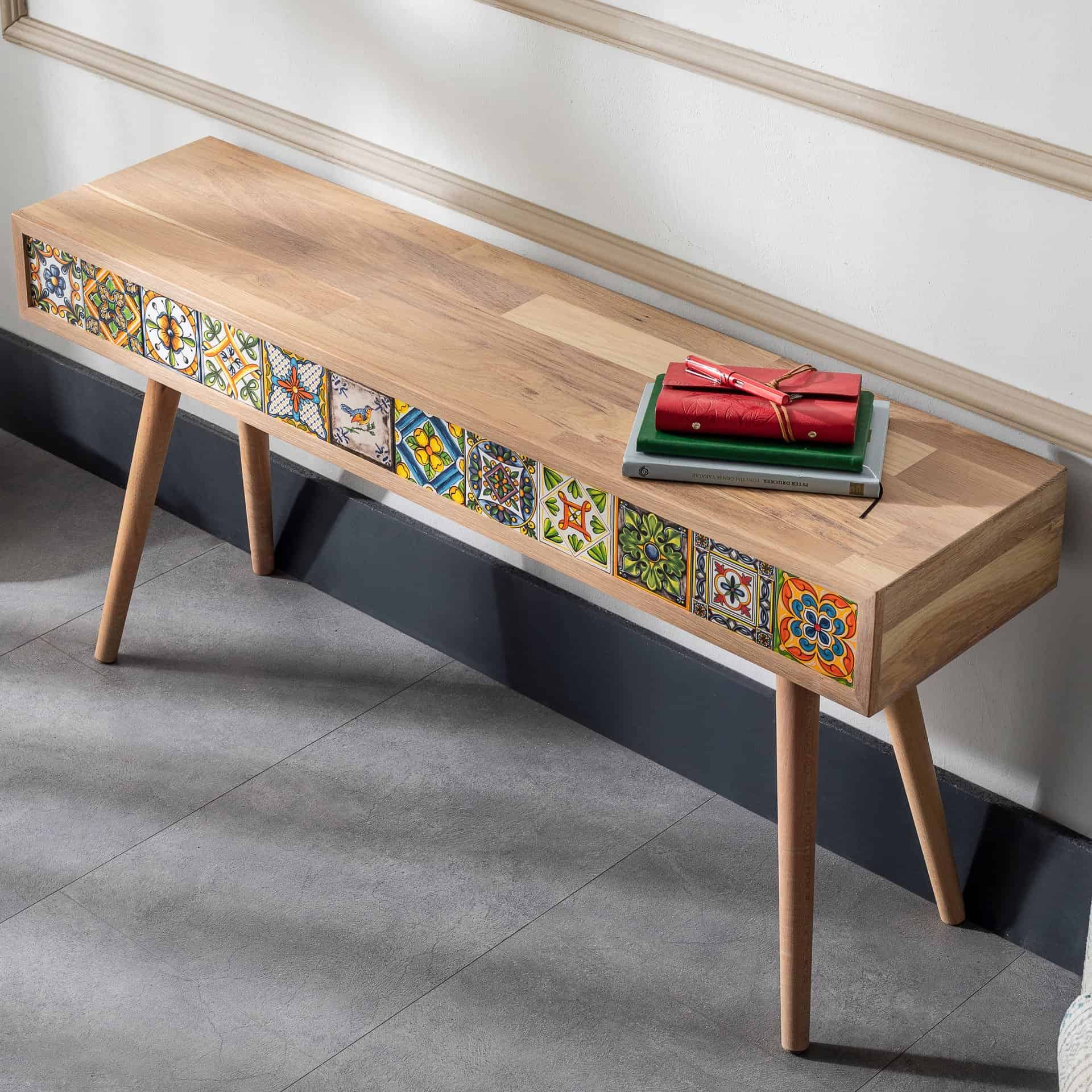 Handmade Oak Coffee Table, Mexican Tile Console