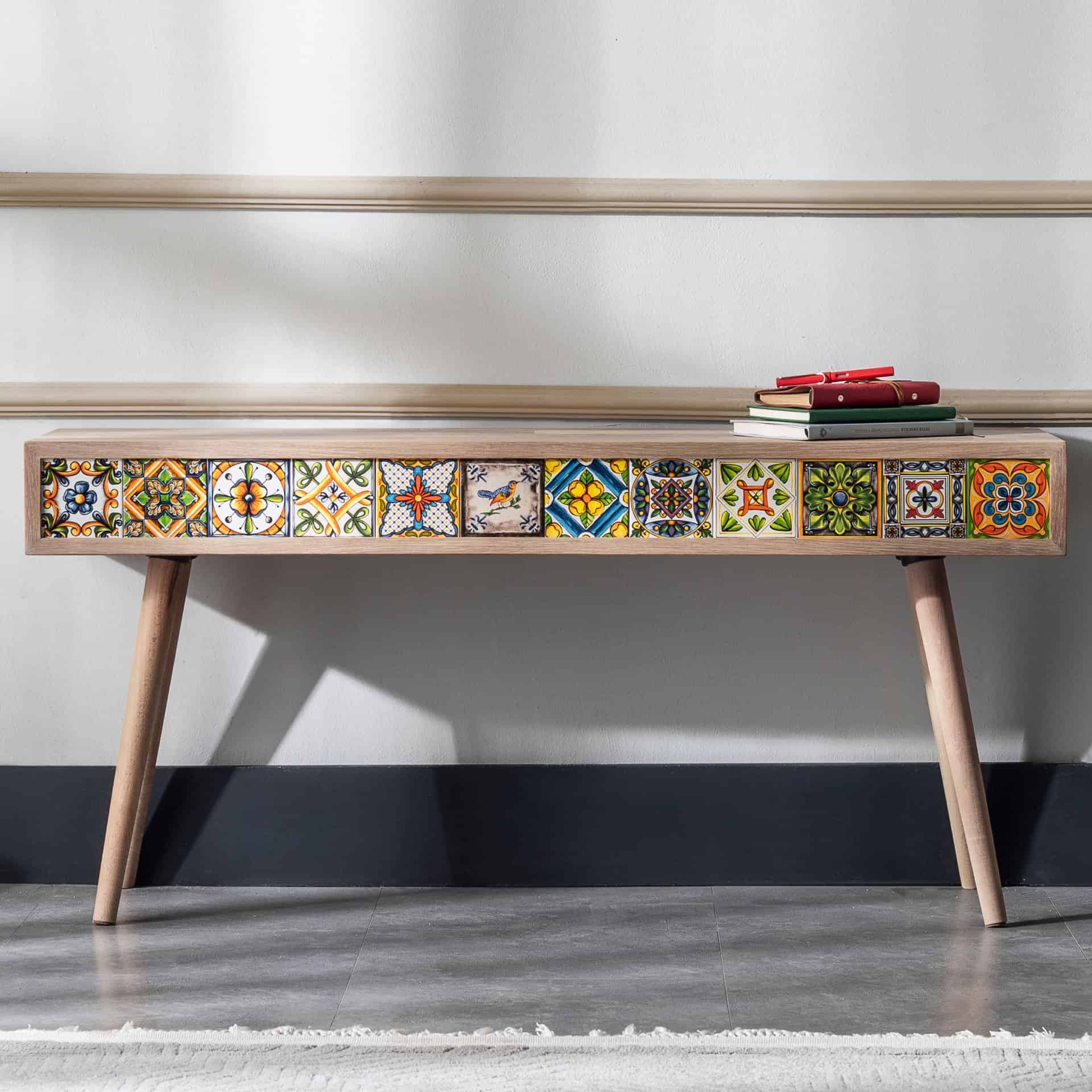 Handmade Oak Coffee Table, Mexican Tile Console