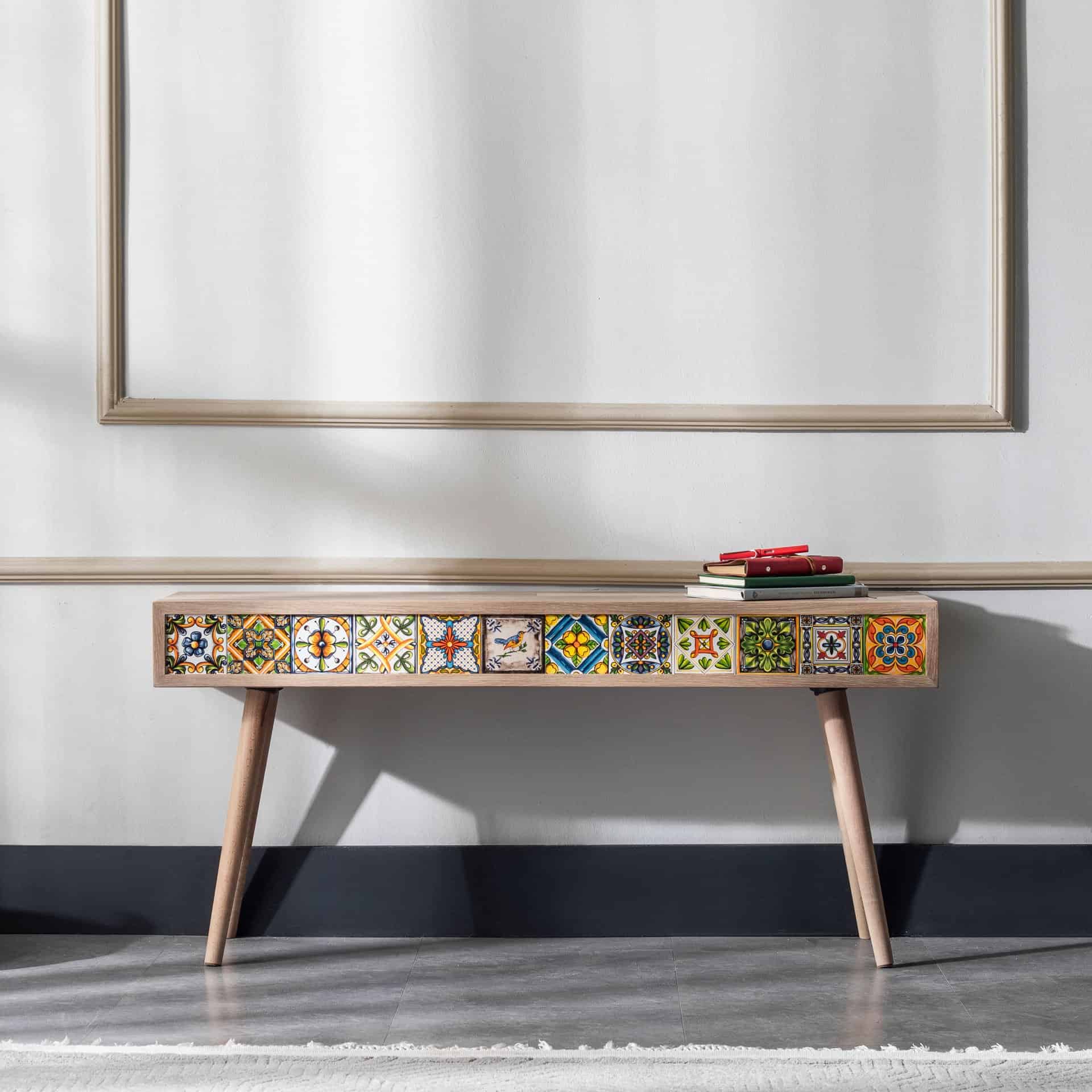 Handmade Oak Coffee Table, Mexican Tile Console