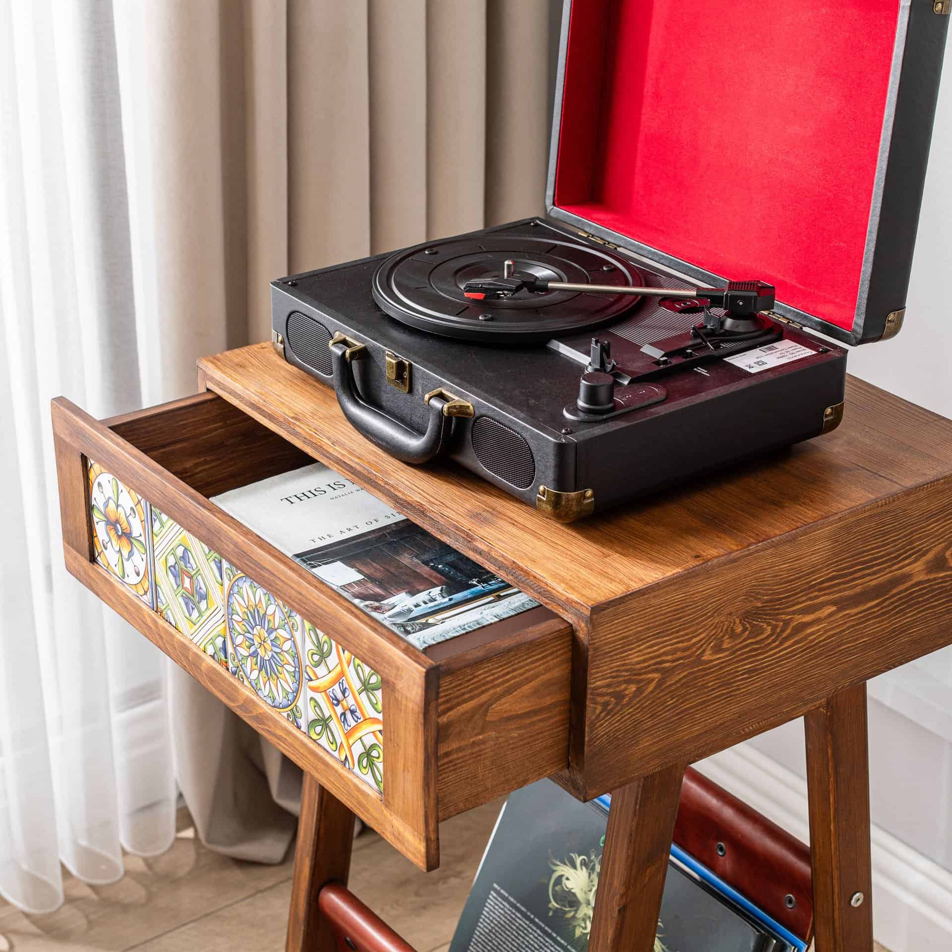 Handmade Pine Record Player Stand – Natural Wood Turntable Stand with Tiled Drawers and Leather Baskets