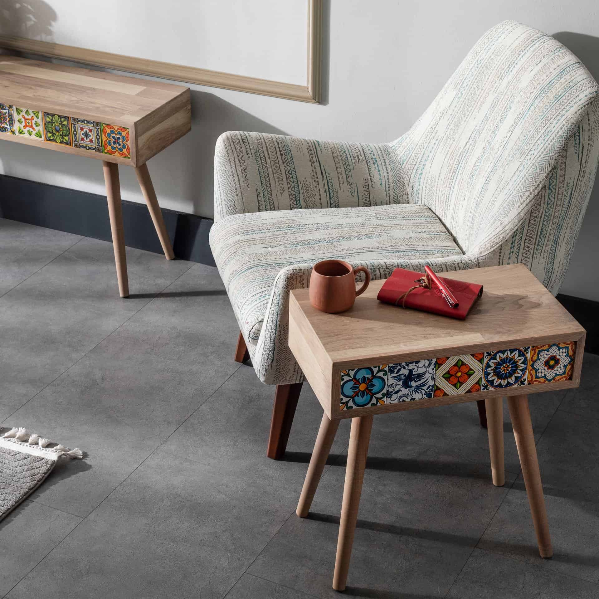 Handmade Oak Coffee Table, Mexican Tile Console