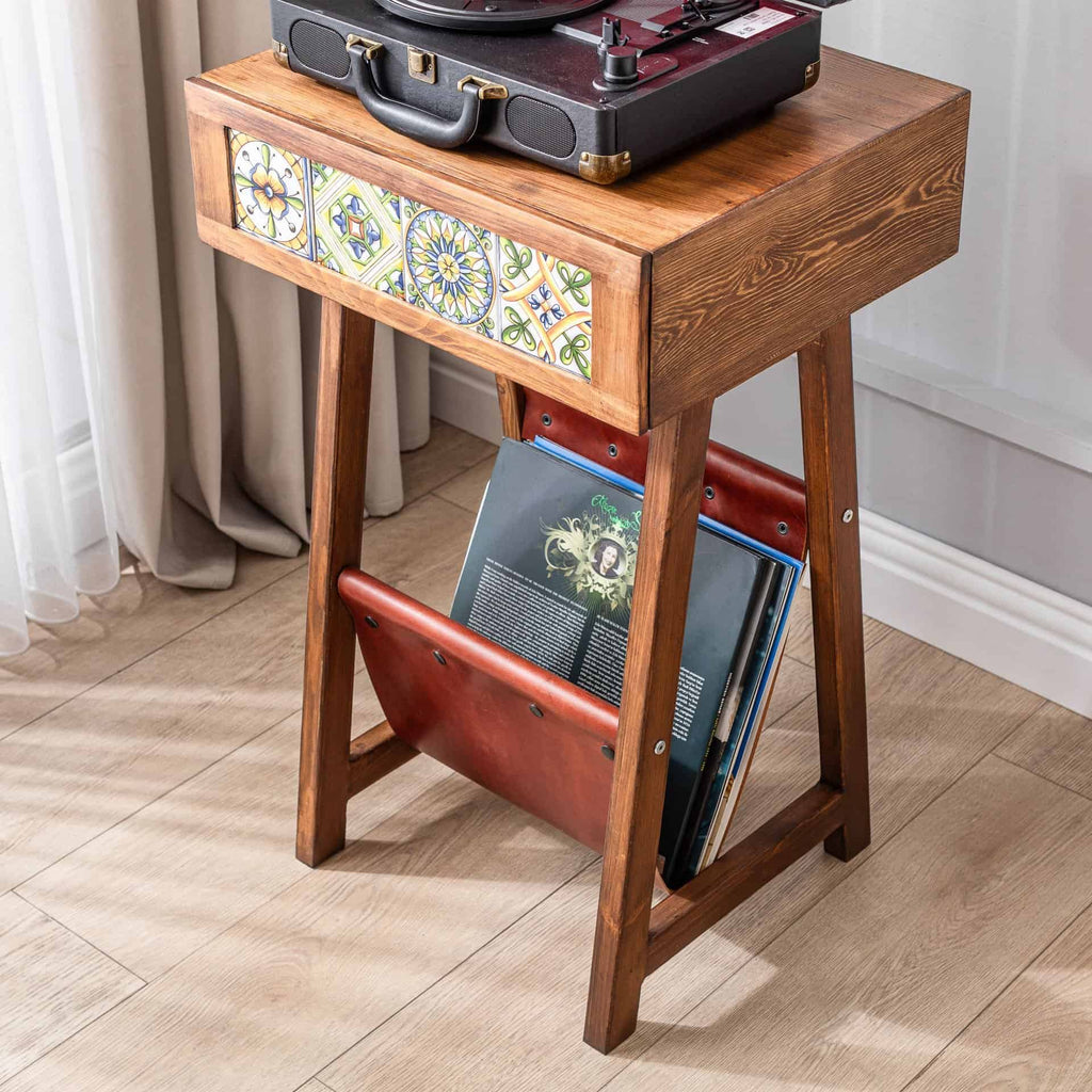Handmade Pine Record Player Stand – Natural Wood Turntable Stand with Tiled Drawers and Leather Baskets