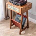 Handmade Pine Record Player Stand – Natural Wood Turntable Stand with Tiled Drawers and Leather Baskets