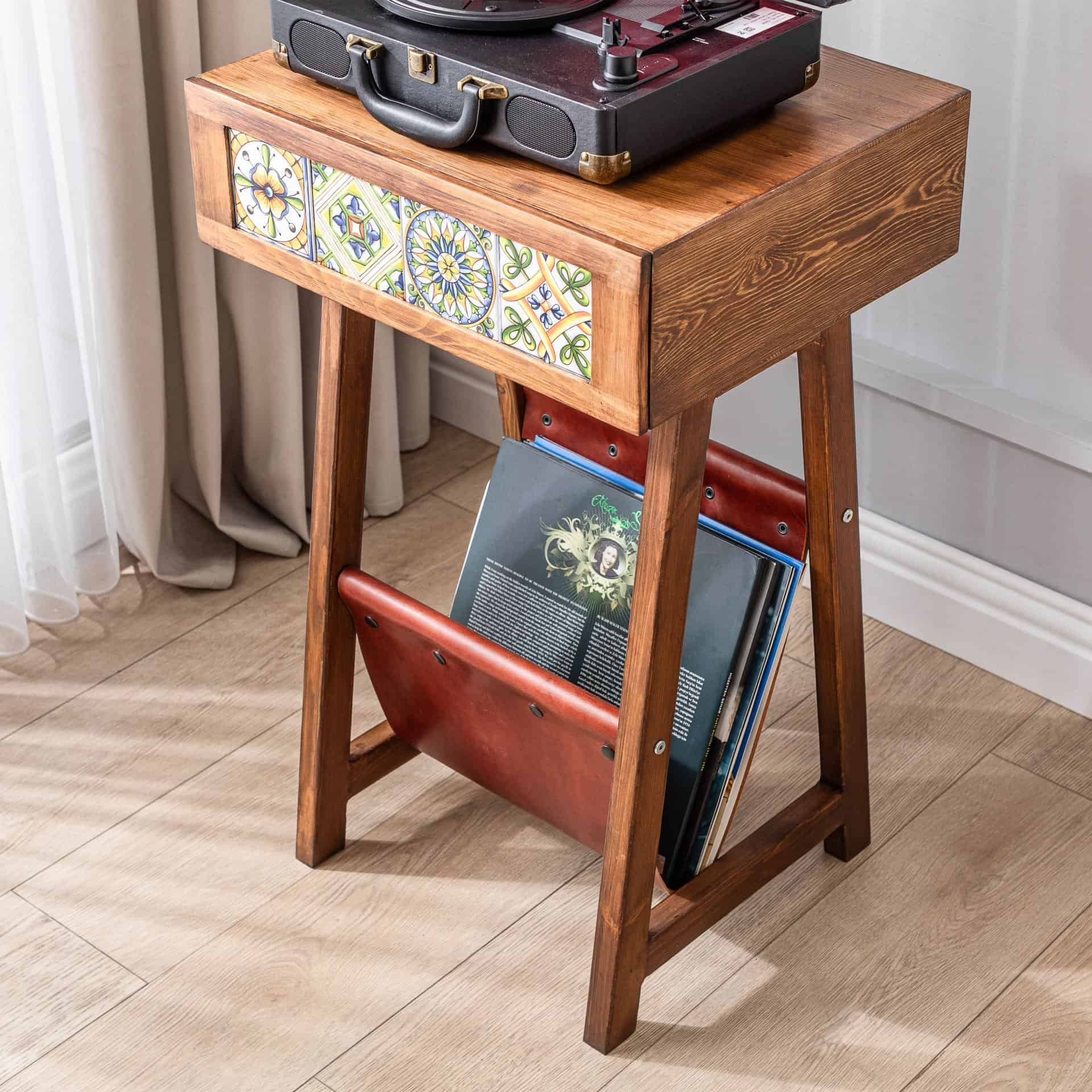 Handmade Pine Record Player Stand – Natural Wood Turntable Stand with Tiled Drawers and Leather Baskets