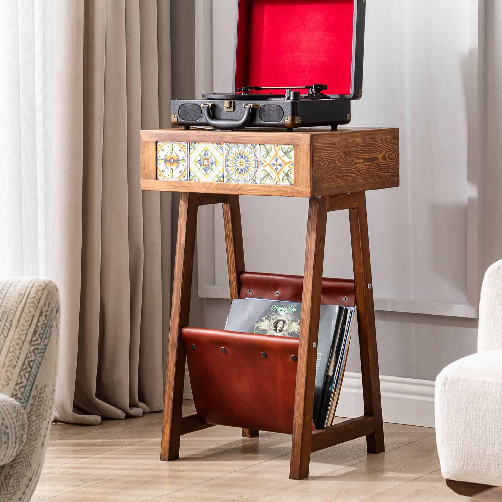 Handmade Pine Record Player Stand – Natural Wood Turntable Stand with Tiled Drawers and Leather Baskets