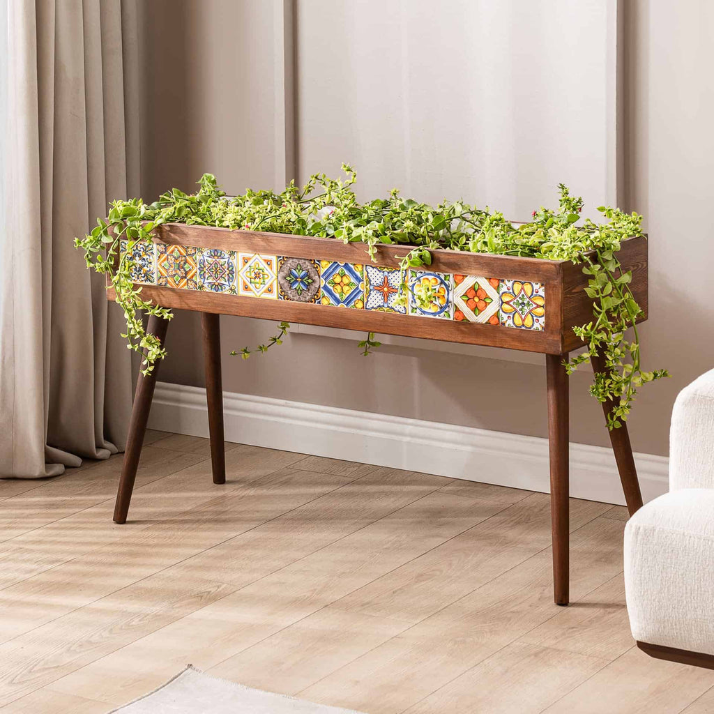 Mexican Tiled Wooden Flower Pot, 10 Tiles - Footed