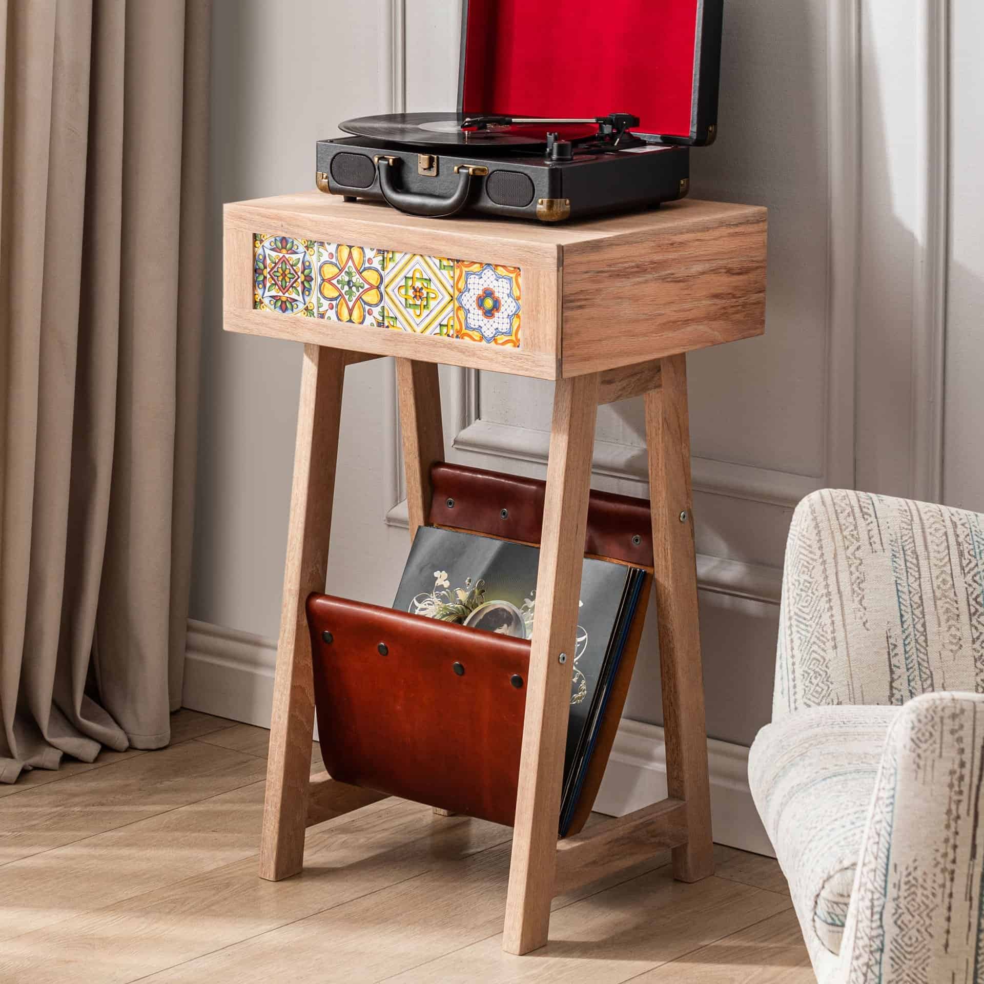 Handmade Oak Record Player Stand – Natural Wood Turntable Stand with Tiled Drawers and Leather Baskets