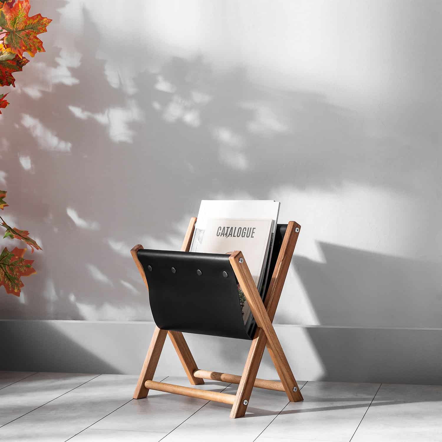 Handmade Hexo Wood and Black Leather Magazine Holder - Stylish and Multi-Purpose Newspaper Holder