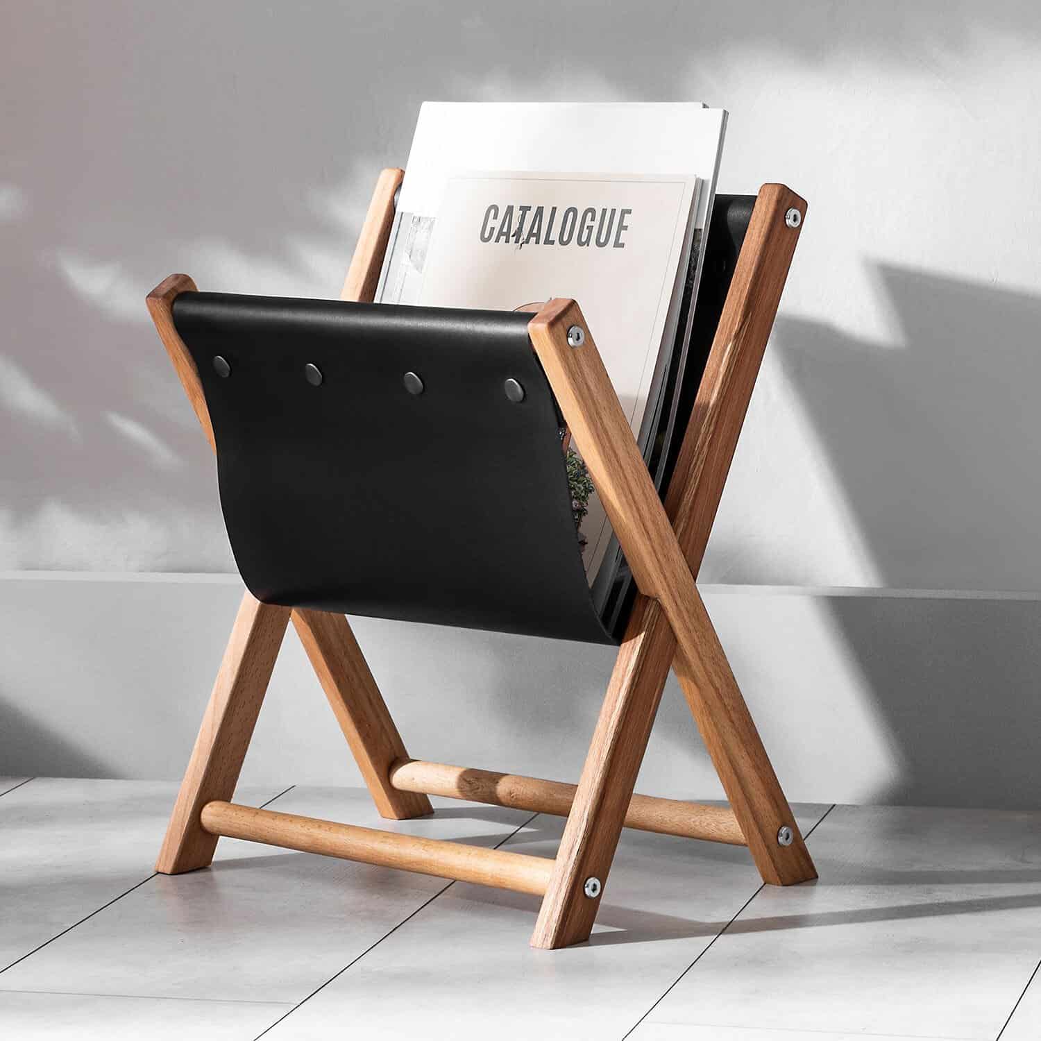 Handmade Hexo Wood and Black Leather Magazine Holder - Stylish and Multi-Purpose Newspaper Holder
